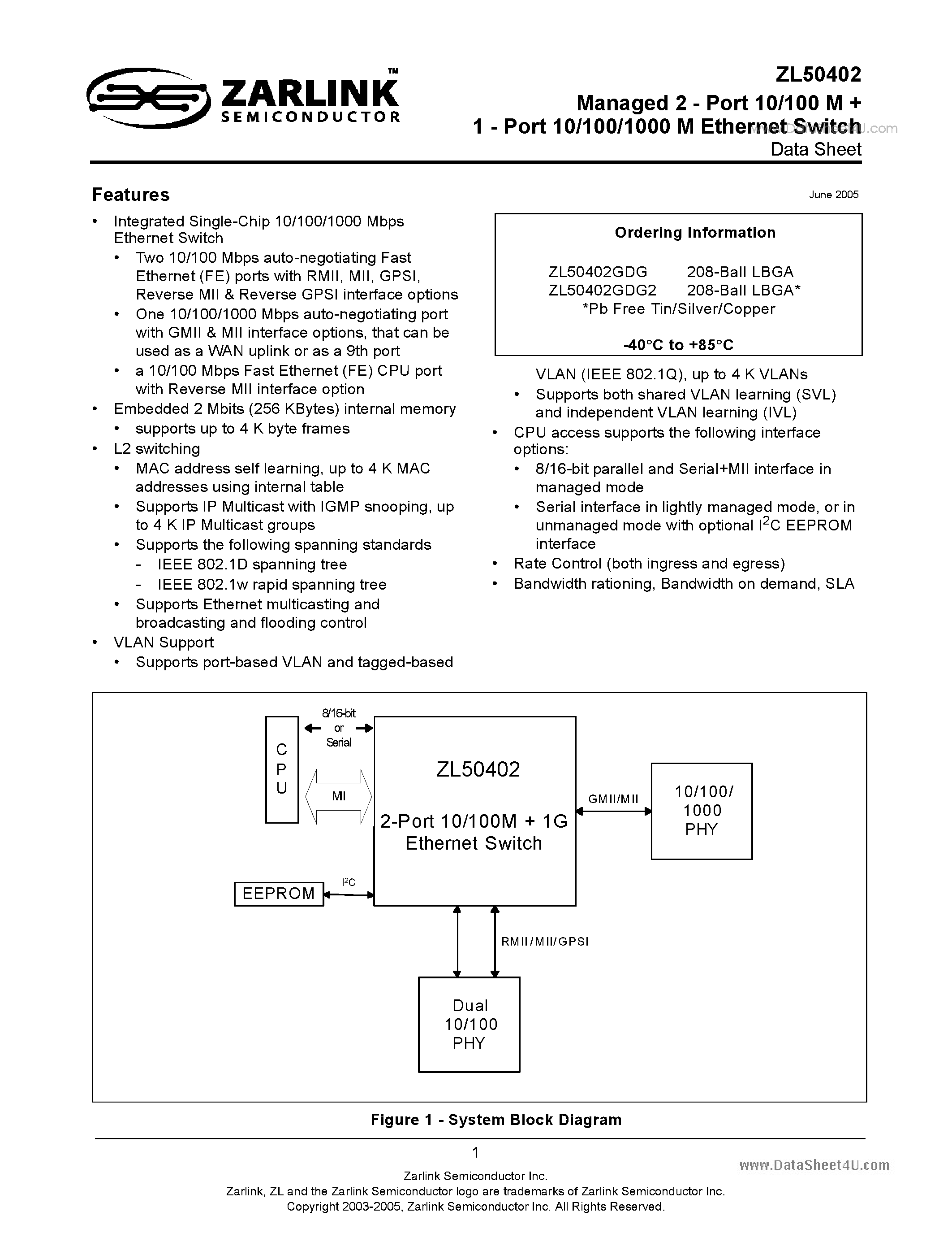 Datasheet ZL50402 page 1 Datasheet ZL50402 - Managed 2 - Port 10/100 M + 1 - Port 10/100/1000 M Ethernet Switch page 1