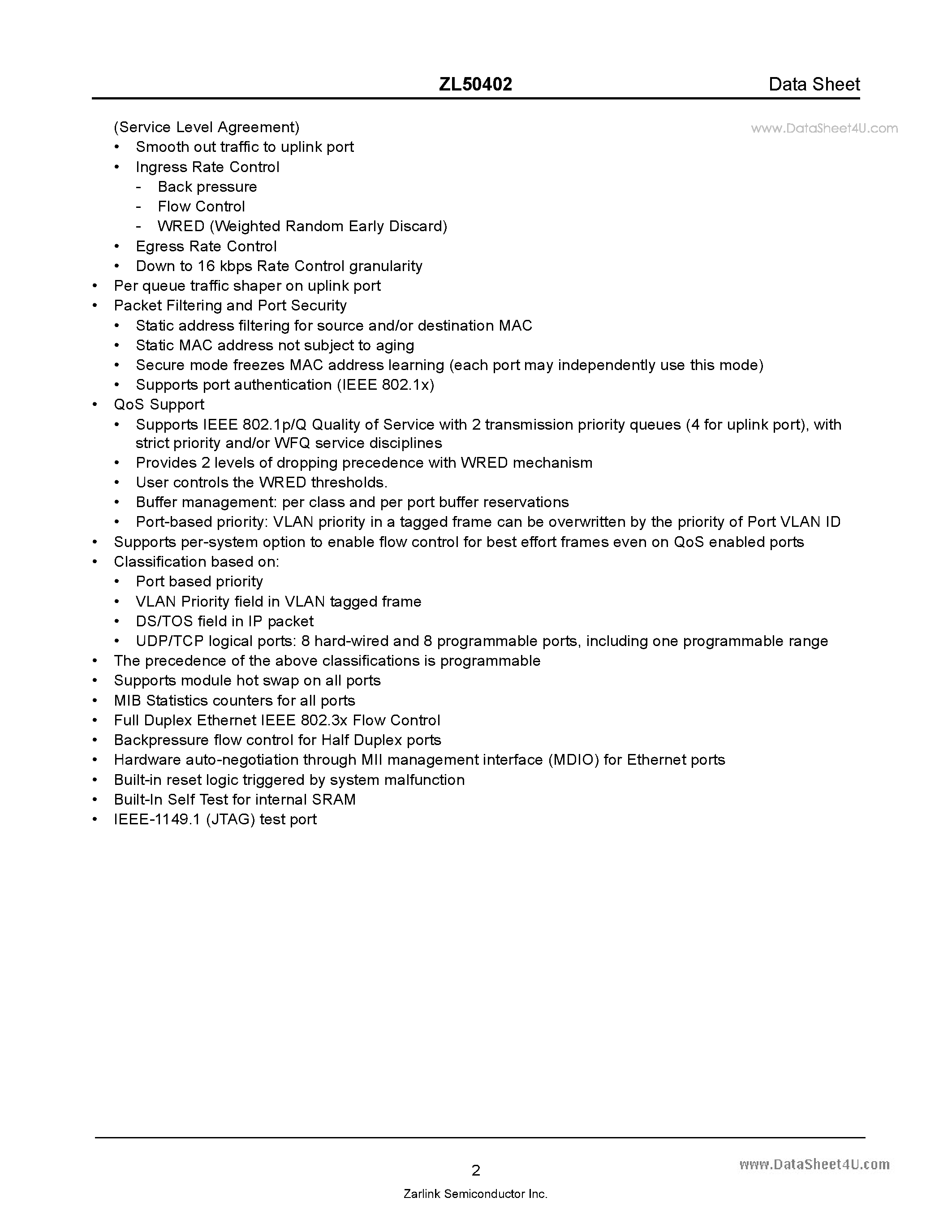 Datasheet ZL50402 page 2 Datasheet ZL50402 - Managed 2 - Port 10/100 M + 1 - Port 10/100/1000 M Ethernet Switch page 2