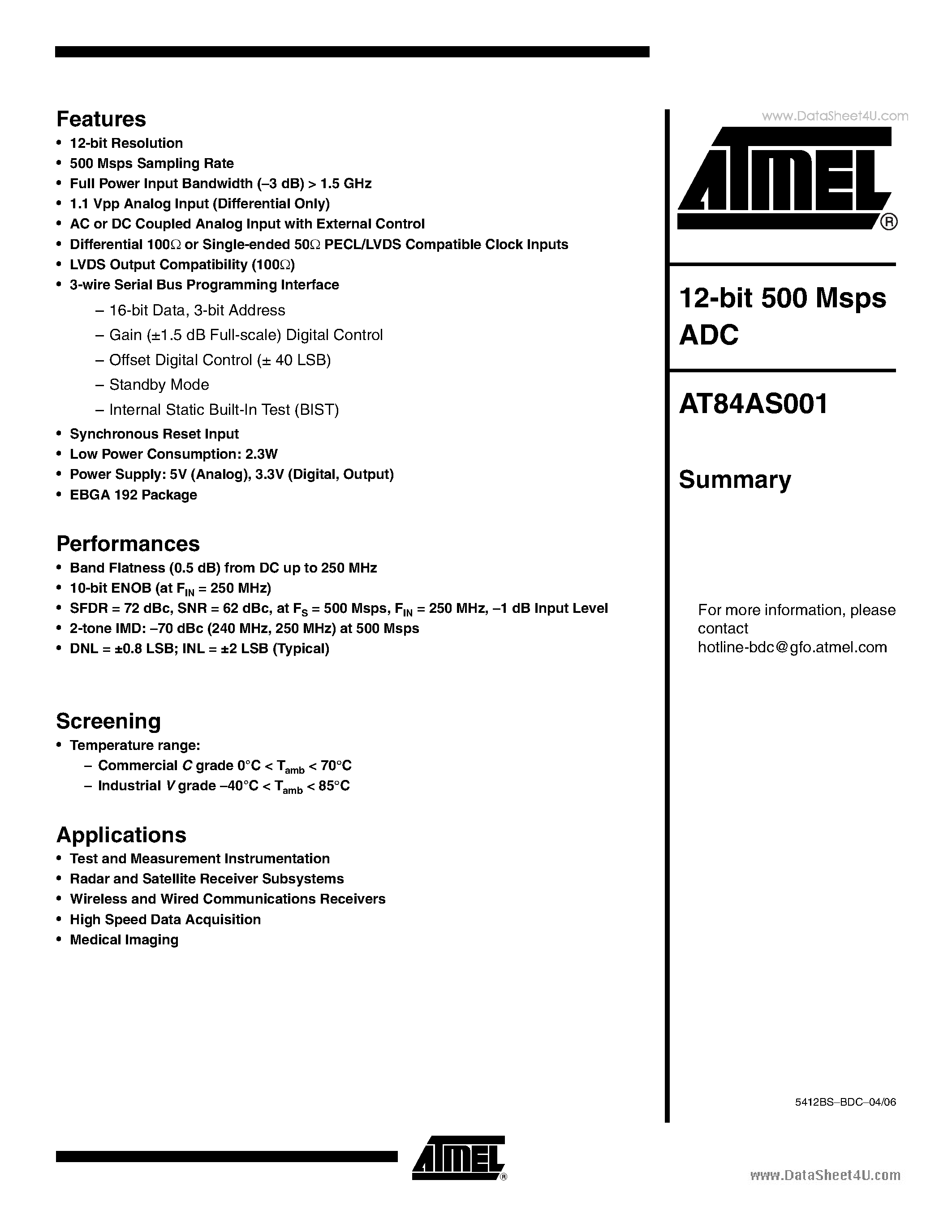 Datasheet AT84AS001 - 12-bit 500Msps ADC page 1