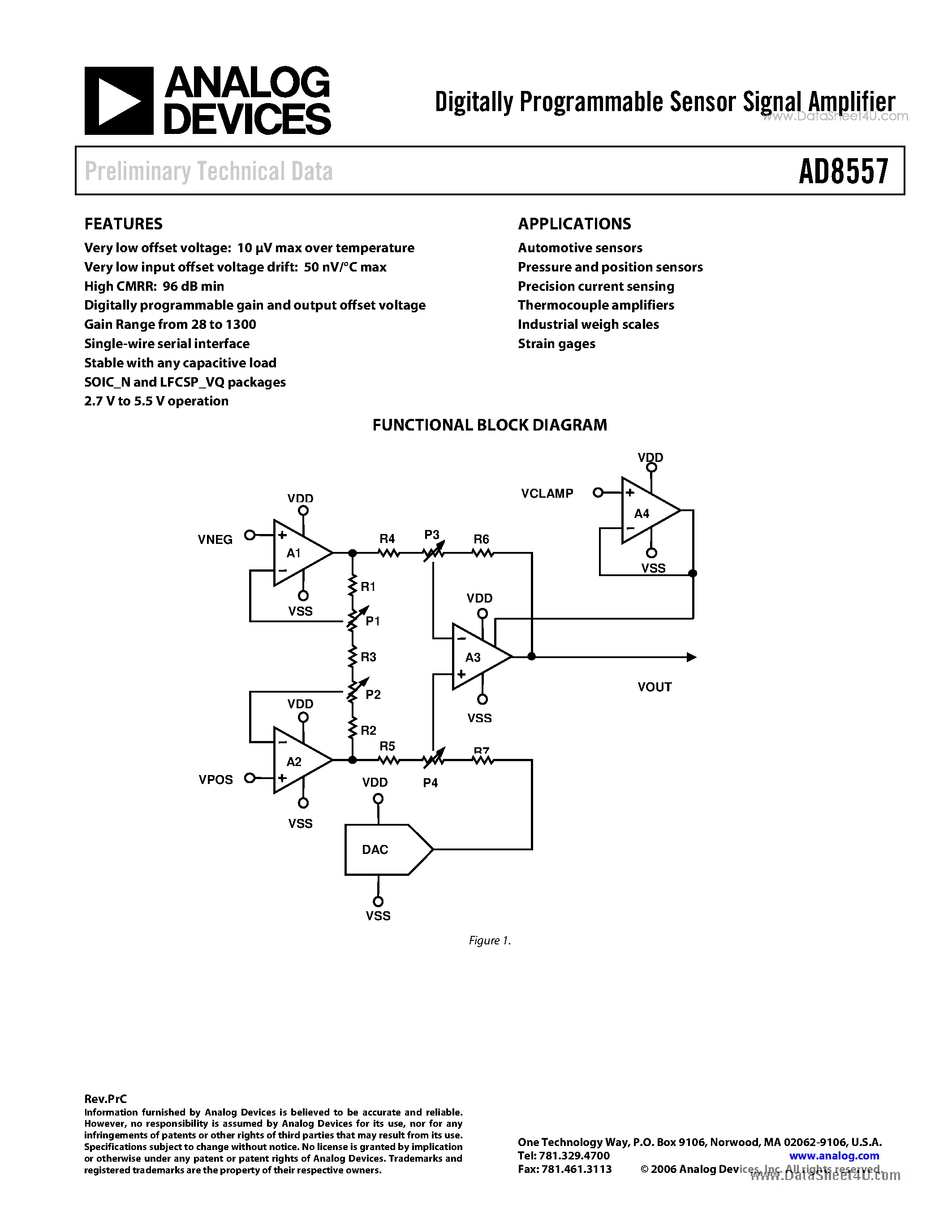 Datasheet AD8557 - Digitally Programmable Sensor Signal Amplifier page 1
