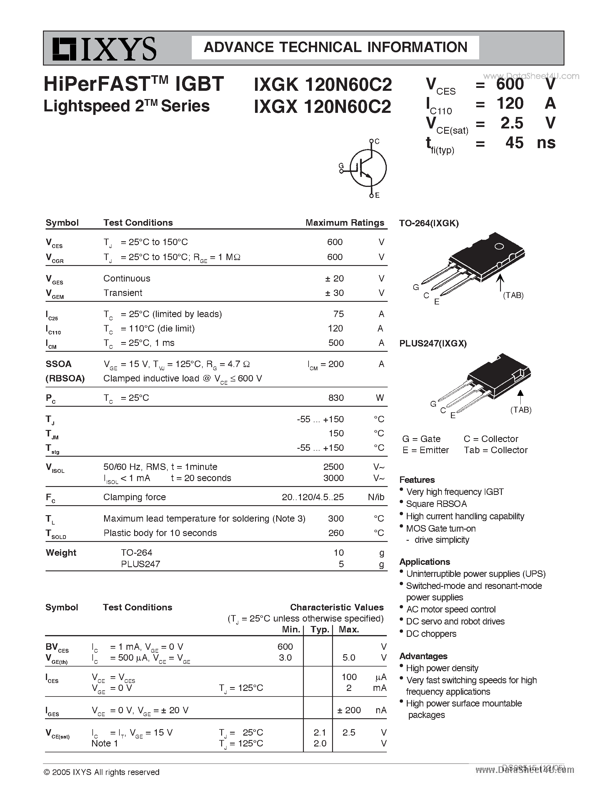 Datasheet IXGK120N60C2 page 1 Datasheet IXGK120N60C2 - HiPerFAST IGBT Lightspeed 2 Series page 1