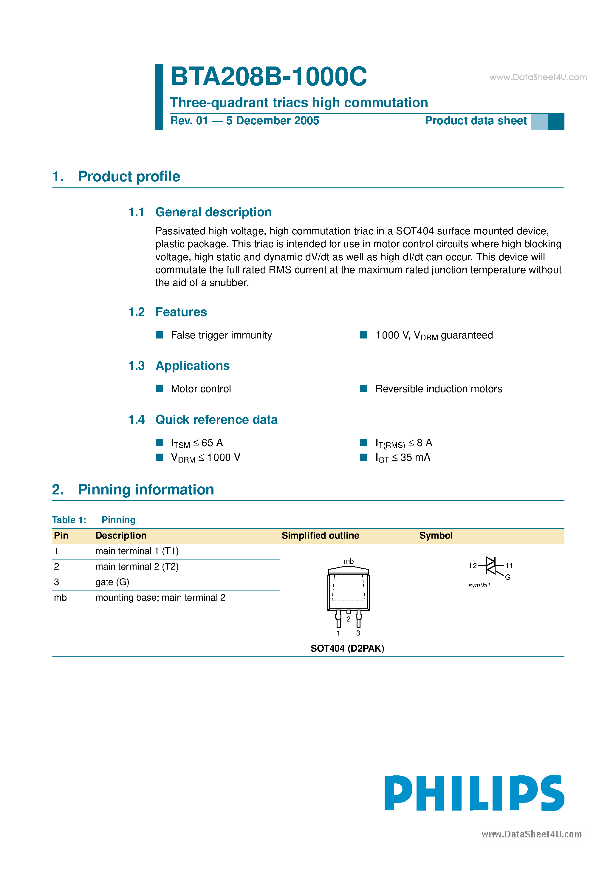 Даташит BTA208B-1000C - Three-quadrant triacs high commutation страница 1
