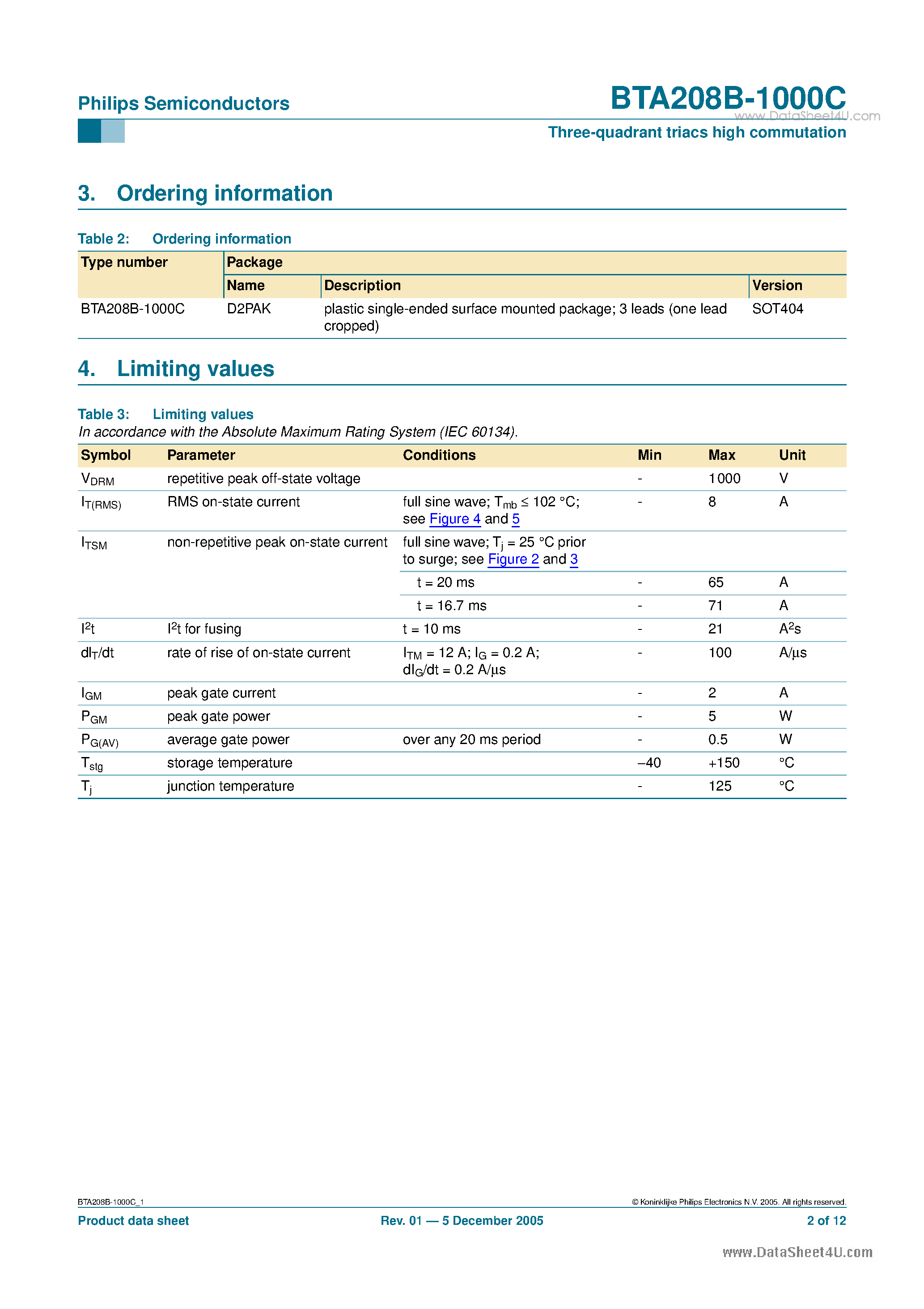 Даташит BTA208B-1000C - Three-quadrant triacs high commutation страница 2