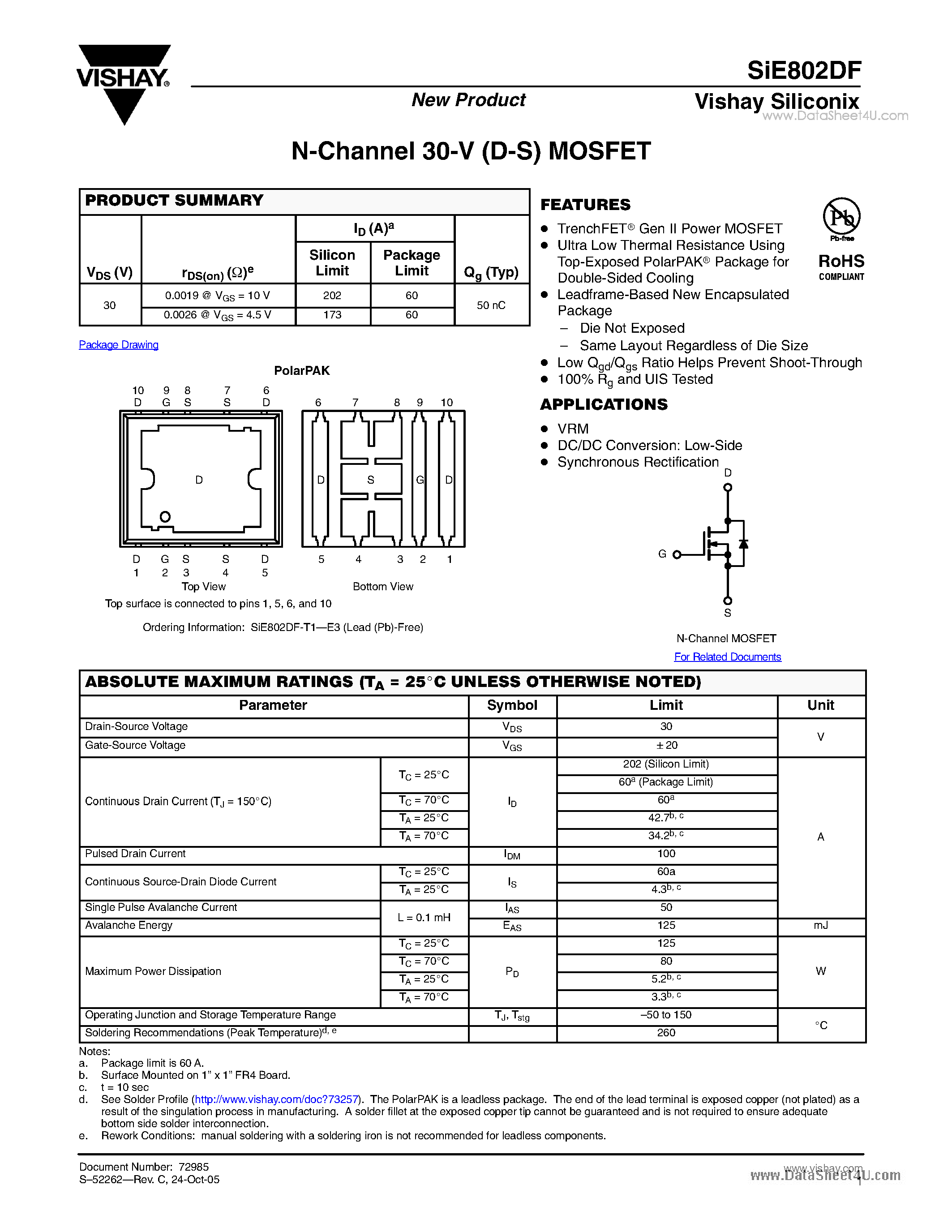 Даташит SiE802DF - N-Channel 30-V (D-S) MOSFET страница 1
