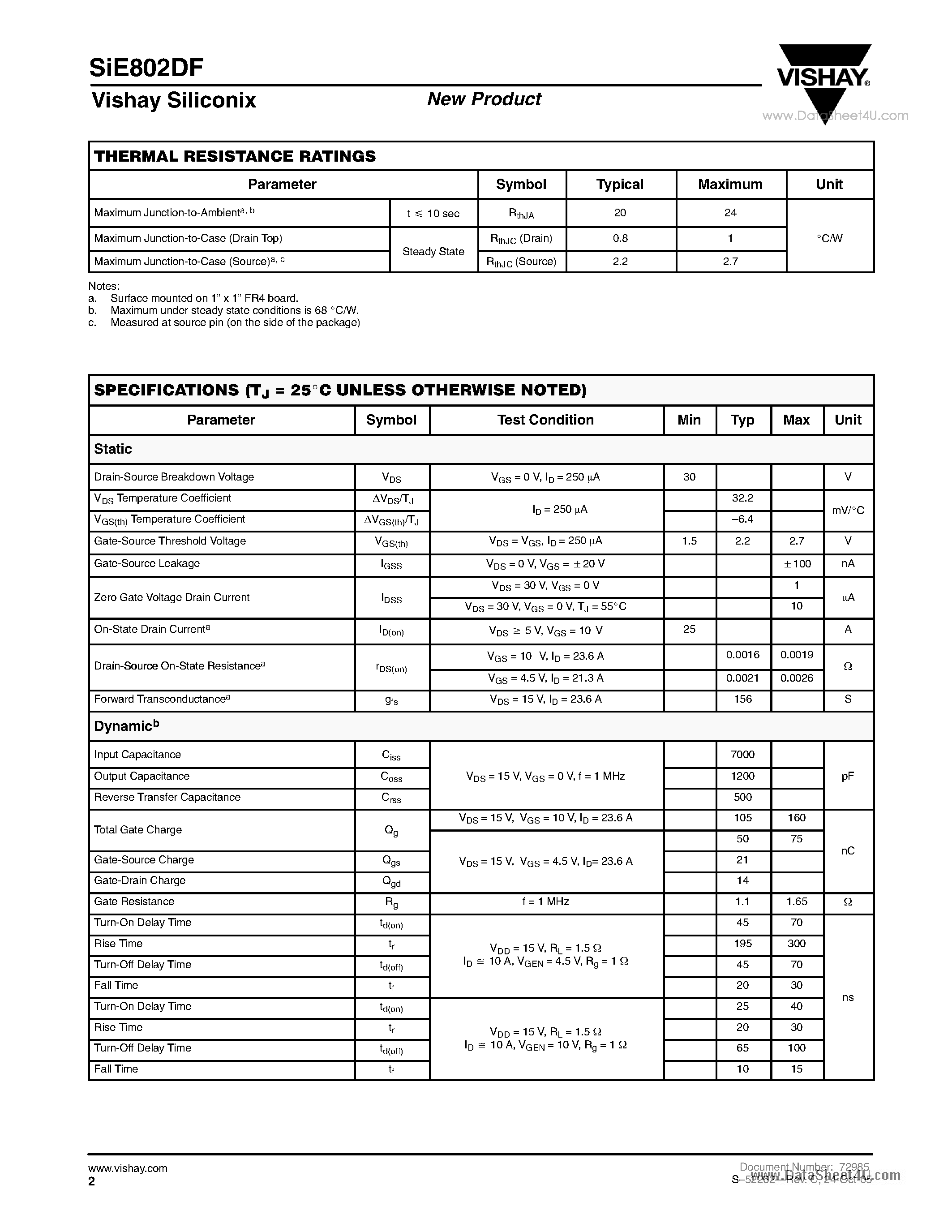 Даташит SiE802DF - N-Channel 30-V (D-S) MOSFET страница 2