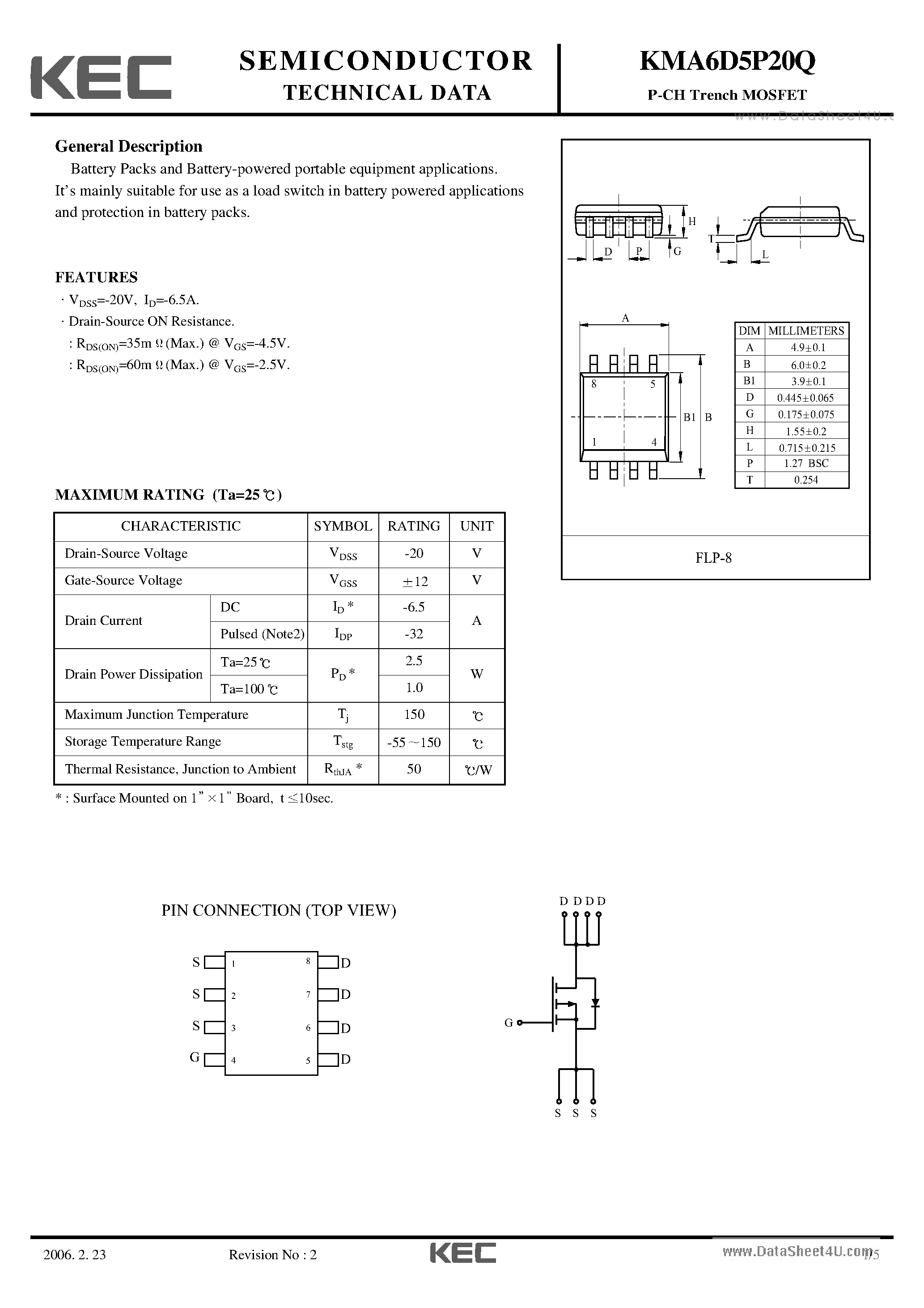 Datasheet KMA6D5P20Q page 1 Datasheet KMA6D5P20Q - P-CH Trench MOSFET page 1