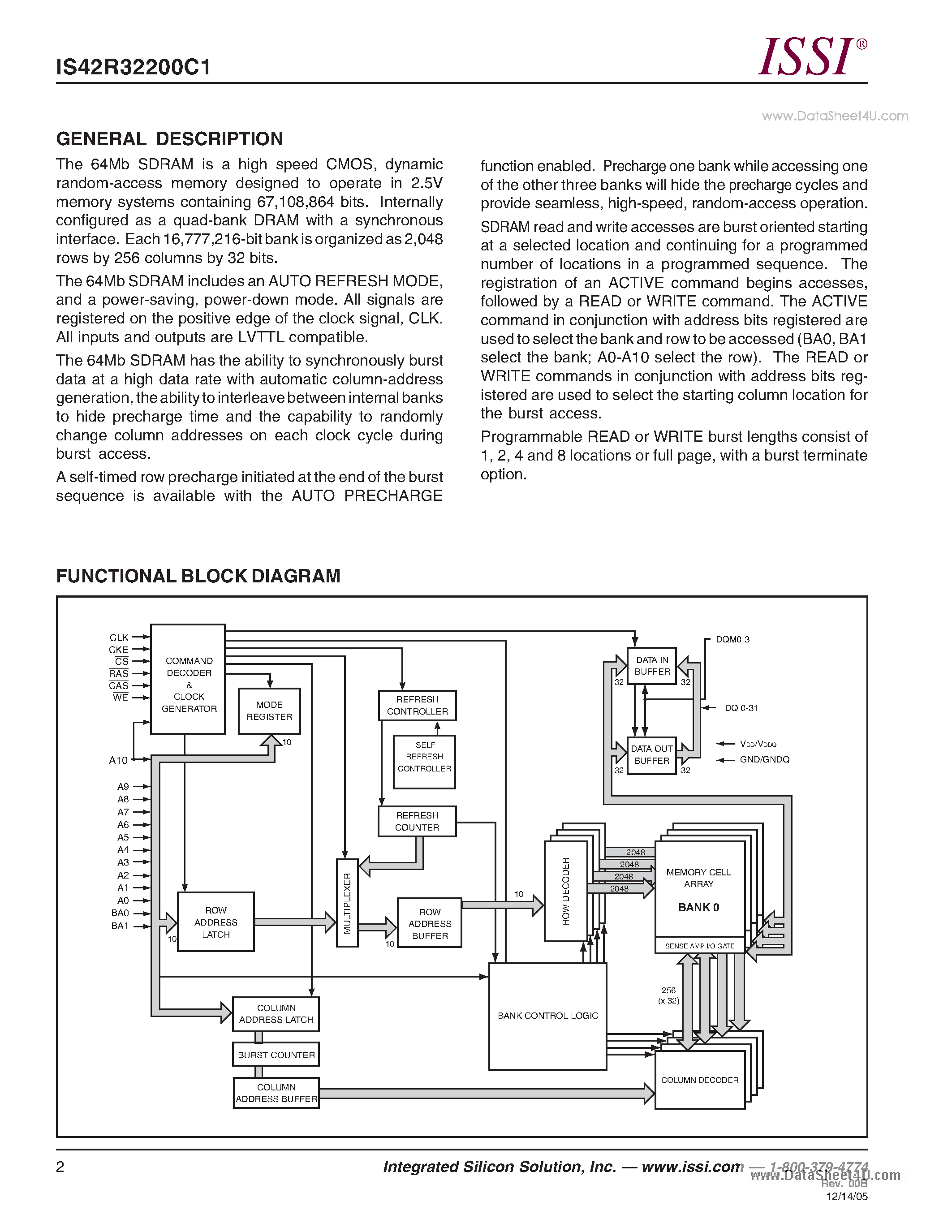 Datasheet IS42R32200C1 page 2 Datasheet IS42R32200C1 - 512K Bits x 32 Bits x 4 Banks (64-MBIT) SYNCHRONOUS DYNAMIC RAM page 2