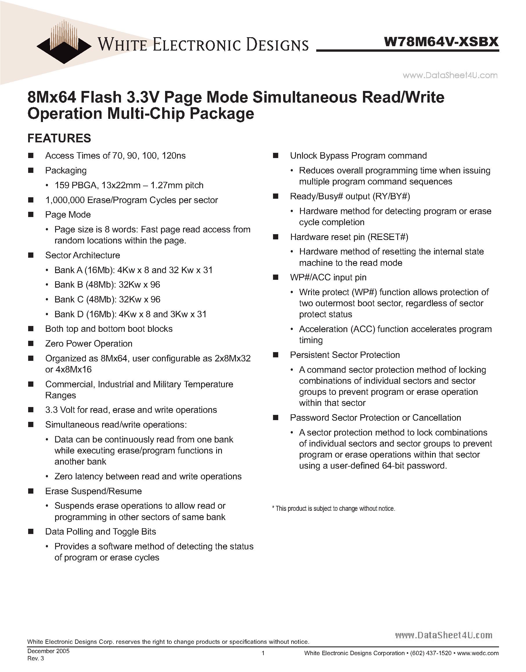 Datasheet W78M64V-XSBX - Mx64 Flash 3.3V Page Mode Simultaneous Read/Write Operation Multi-Chip Package page 1