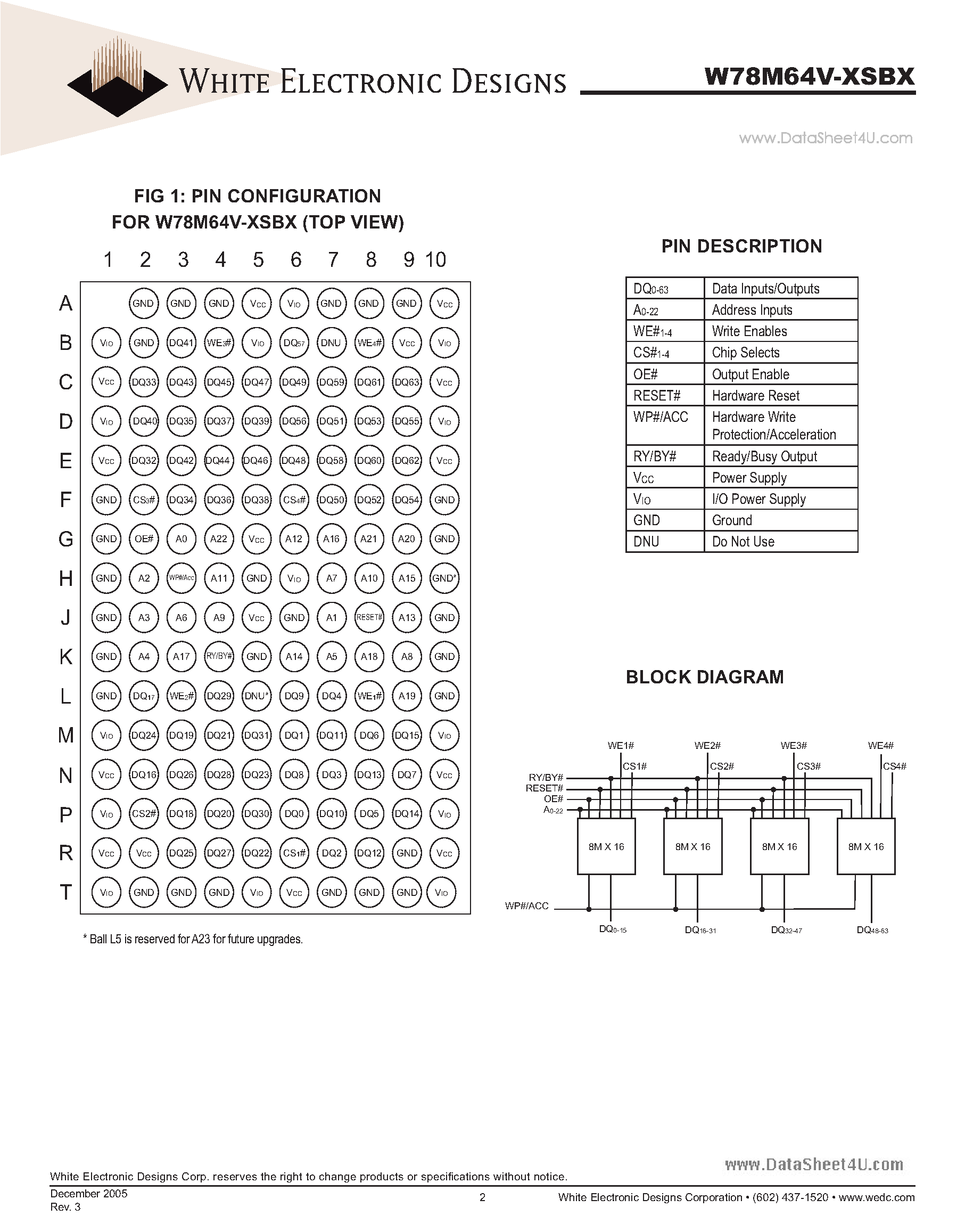 Datasheet W78M64V-XSBX - Mx64 Flash 3.3V Page Mode Simultaneous Read/Write Operation Multi-Chip Package page 2
