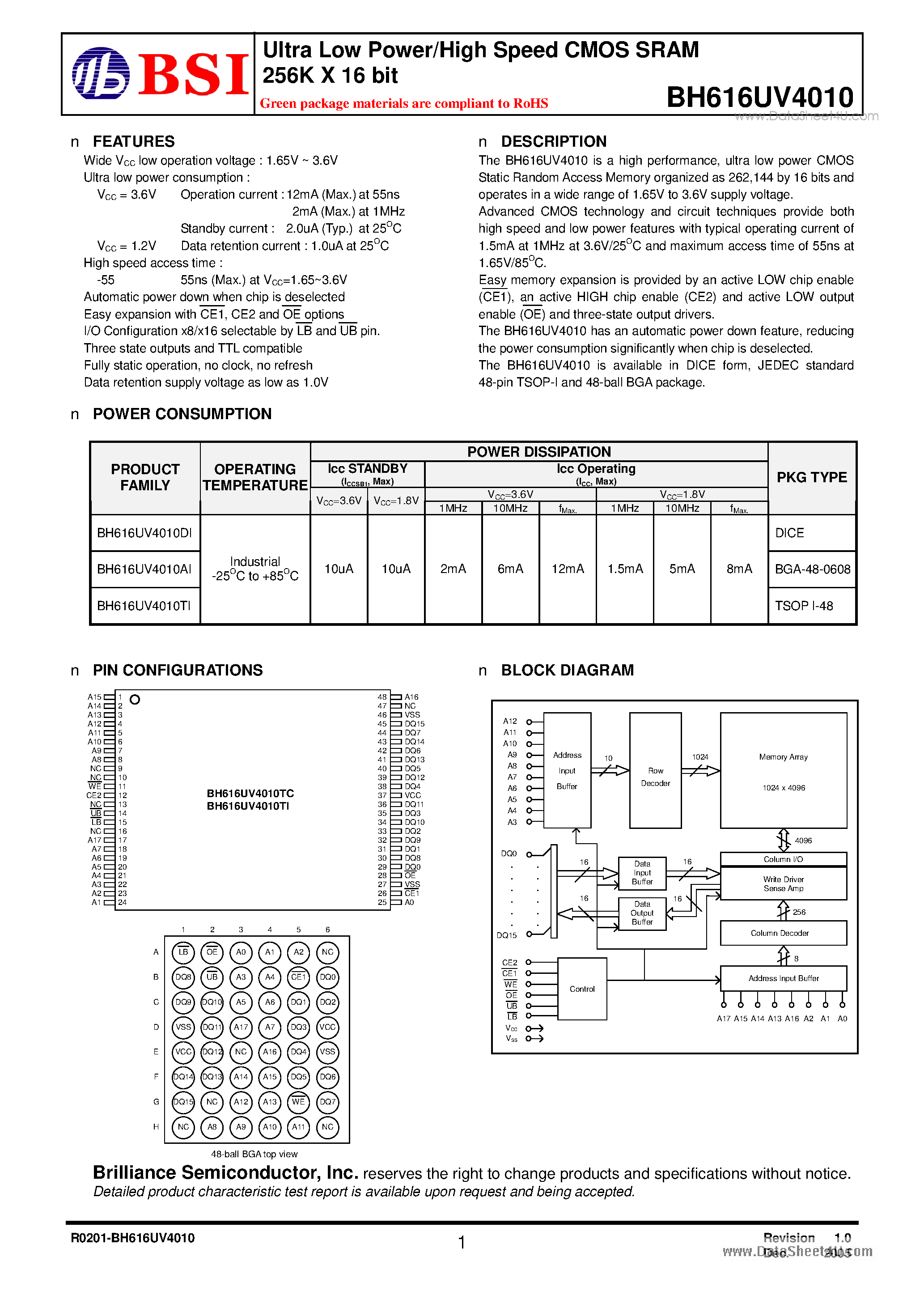 Даташит на микросхему BH616UV4010 страница 1 Даташит BH616UV4010 - Ultra Low Power/High Speed CMOS SRAM 256K X 16 bit страница 1