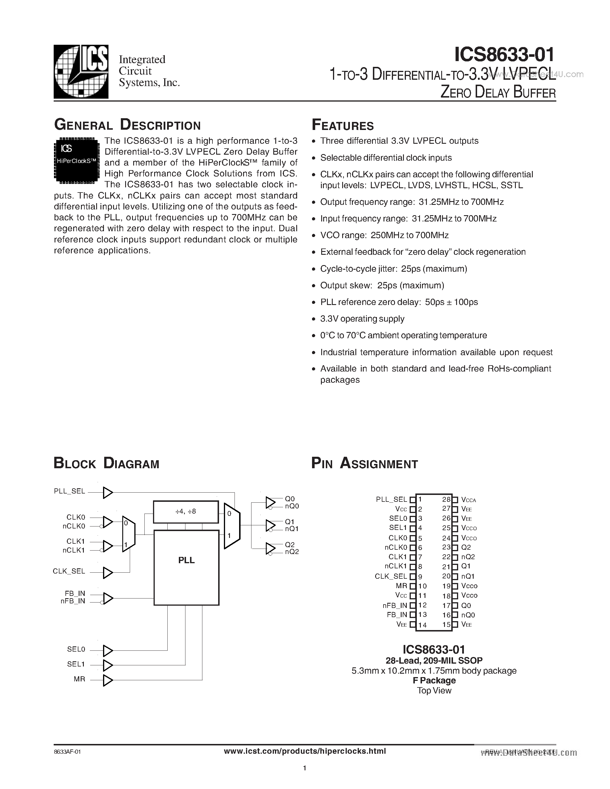 Datasheet ICS8633-01 - 1-TO-3 DIFFERENTIAL-TO-3.3V LVPECL ZERO DELAY BUFFER page 1