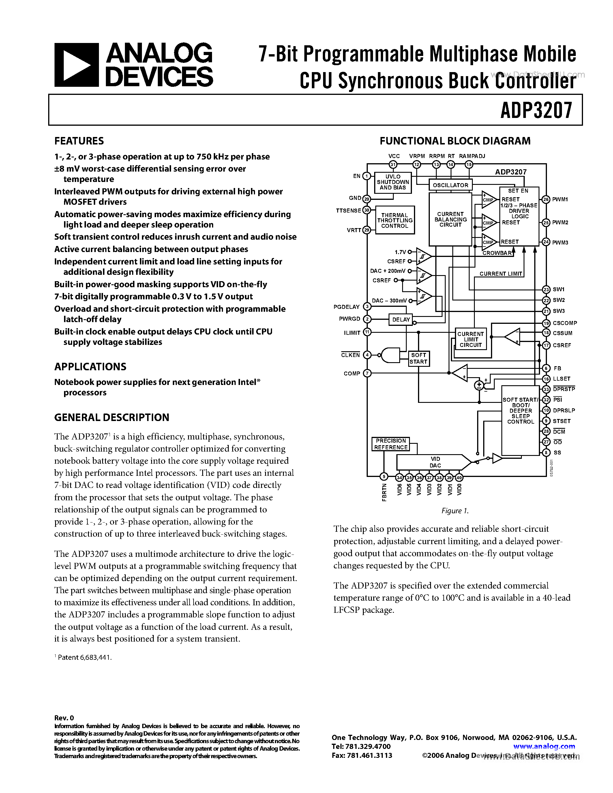 Datasheet ADP3207 - 7-Bit Programmable Multiphase Mobile CPU Synchronous Buck Controller page 1