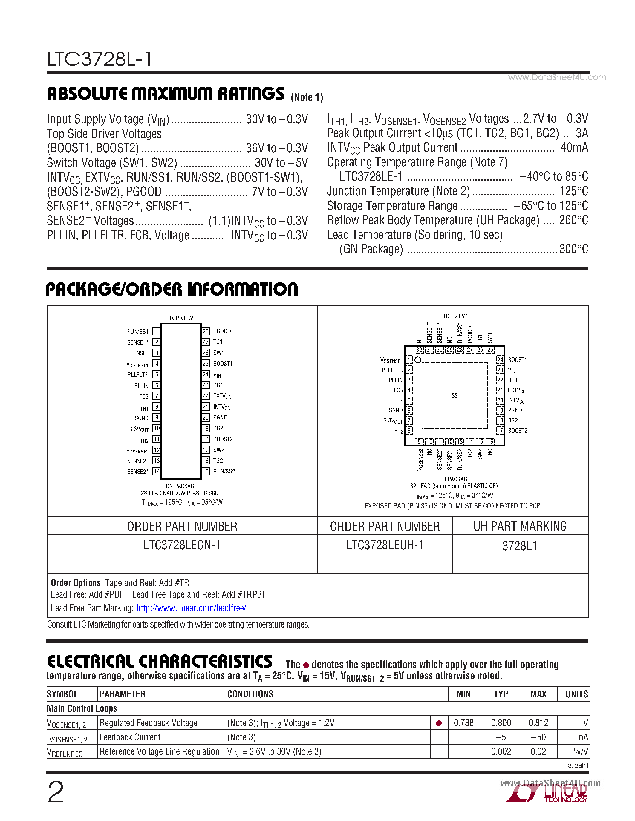 Даташит LTC3728L-1 - 2-Phase Synchronous Regulator страница 2