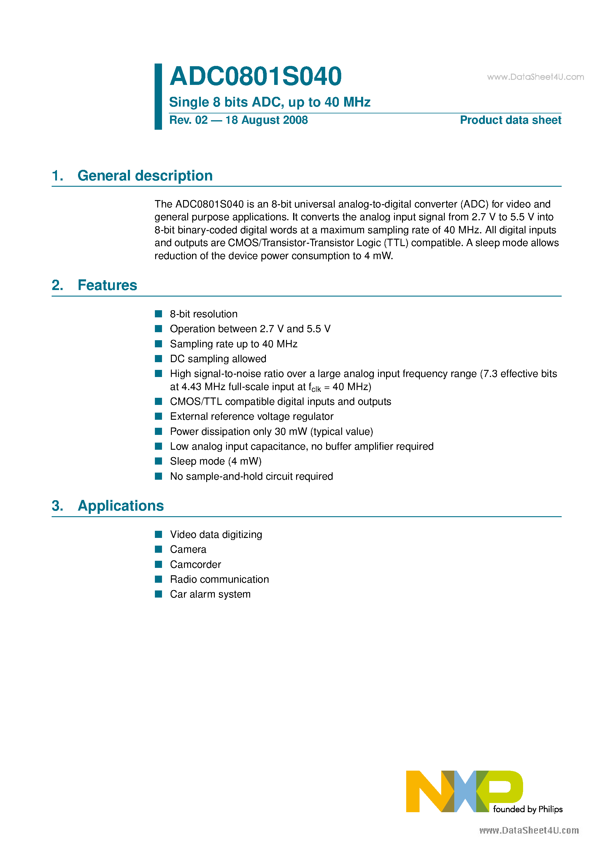 Datasheet ADC0801S040 - Single 8 bits ADC page 1