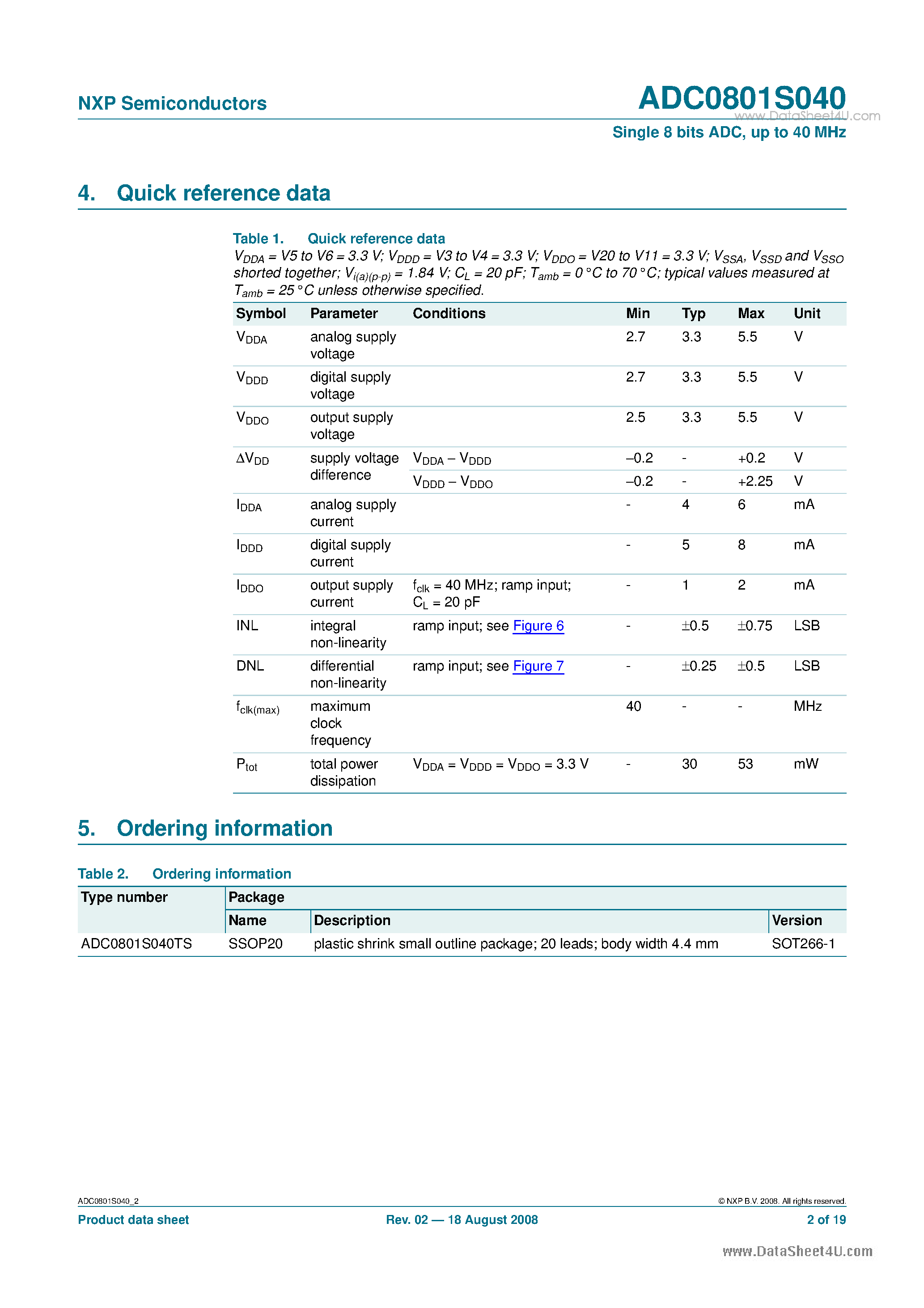 Datasheet ADC0801S040 - Single 8 bits ADC page 2