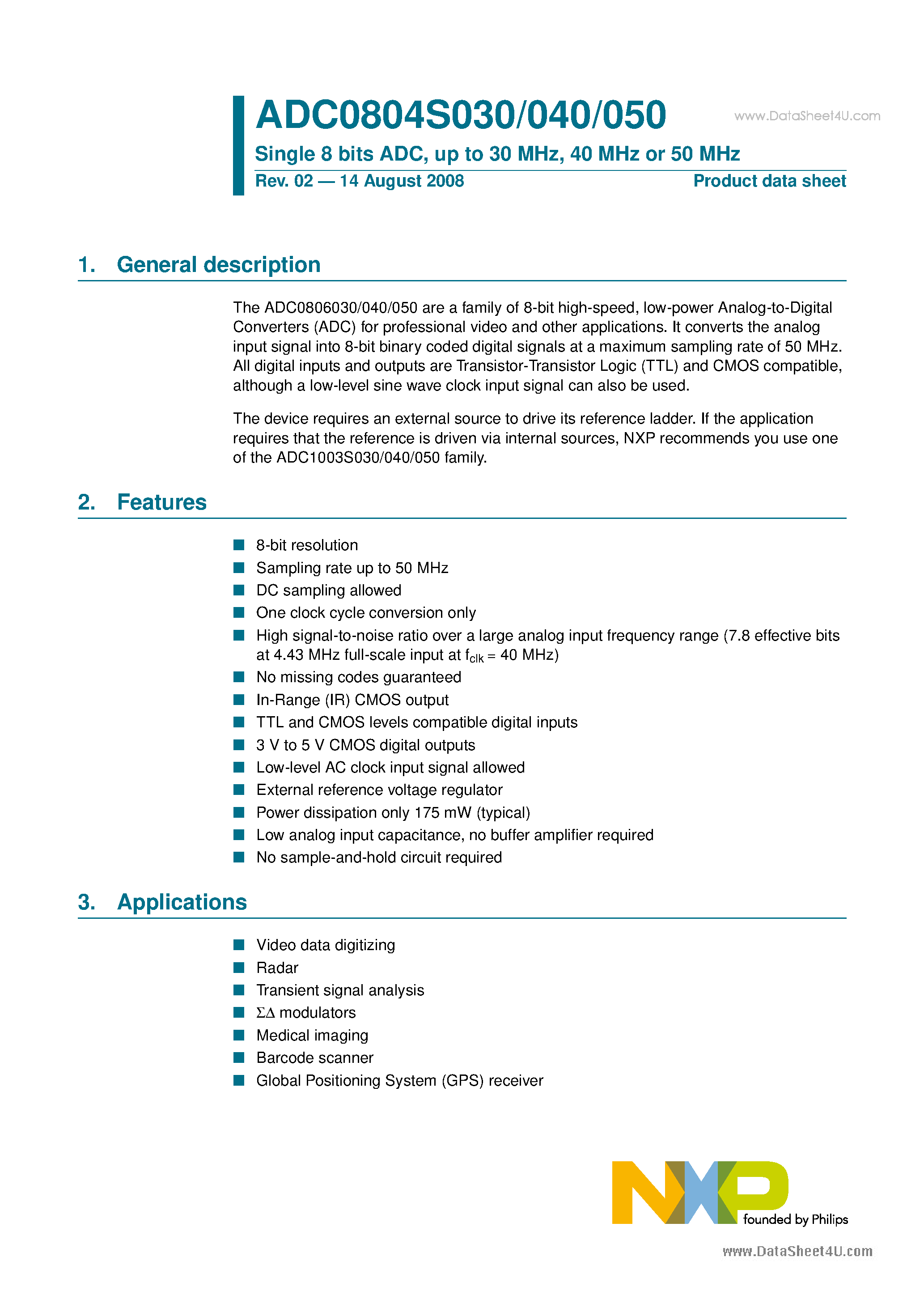 Datasheet ADC0804S030 - (ADC0804S030 - ADC0804S050) Single 8 bits ADC page 1