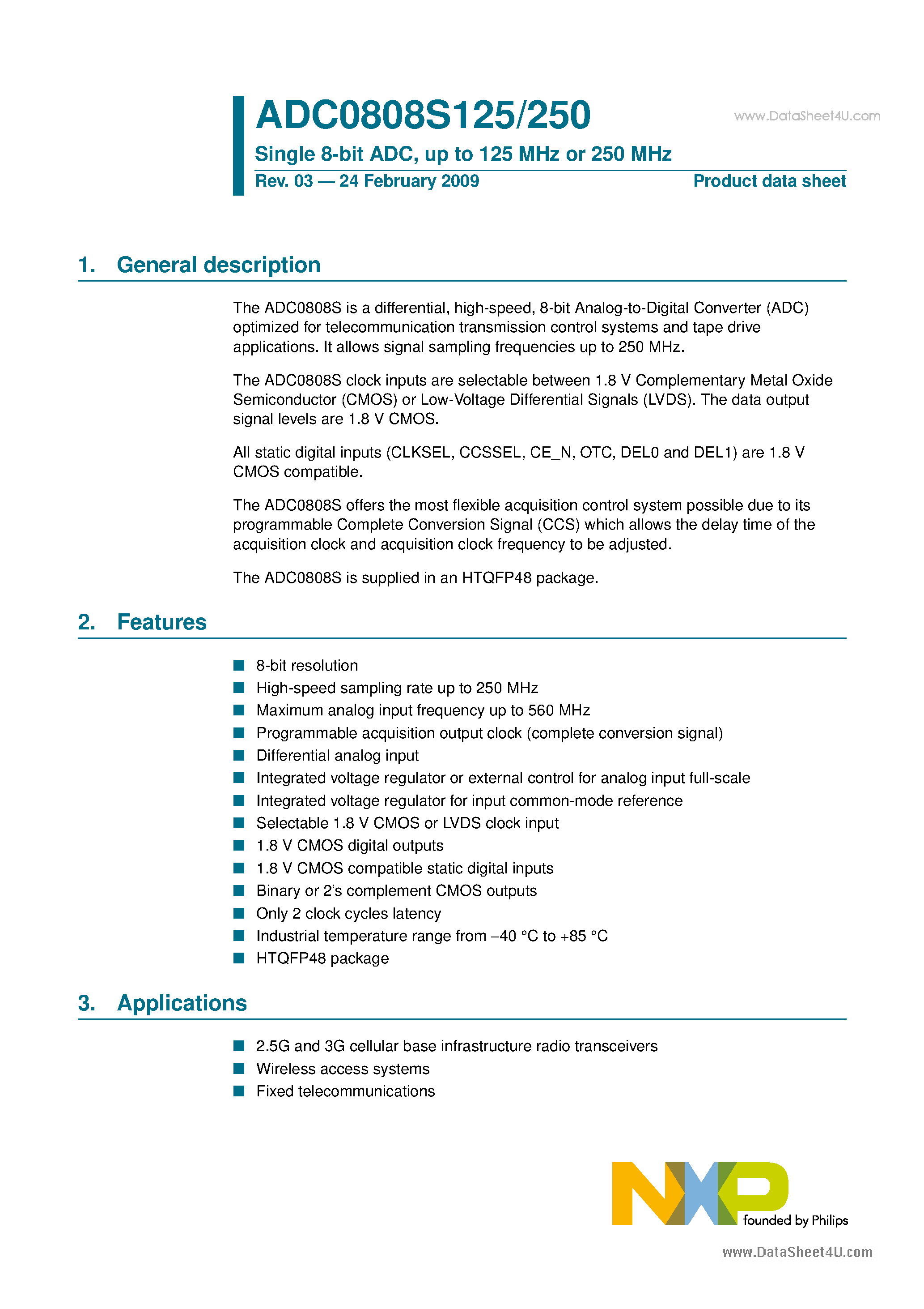 Datasheet ADC0808S125 - (ADC0808S125 / ADC0808S250) Single 8-bit ADC page 1