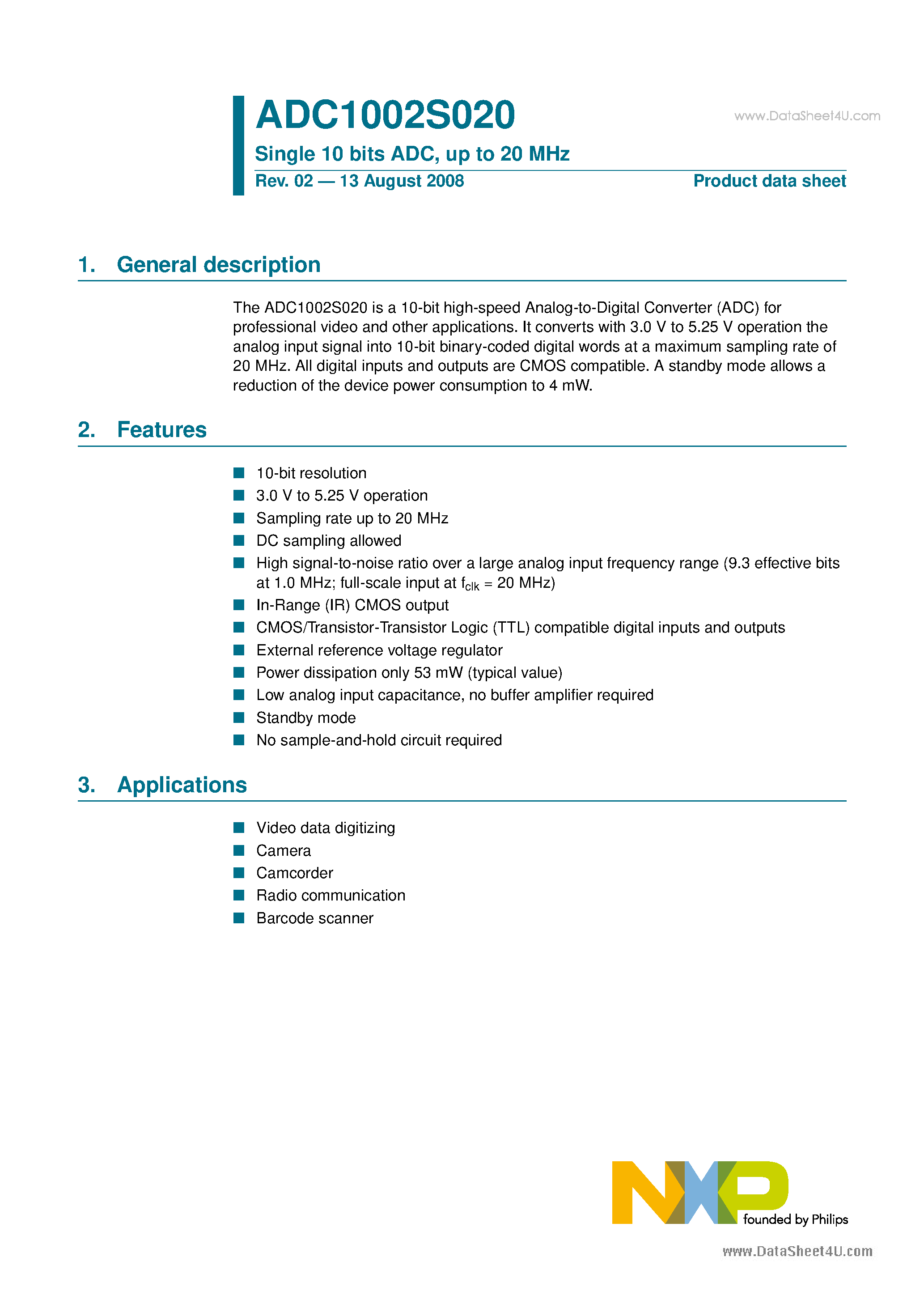 Даташит на микросхему ADC1002S020 страница 1 Даташит ADC1002S020 - Single 10 bits ADC страница 1