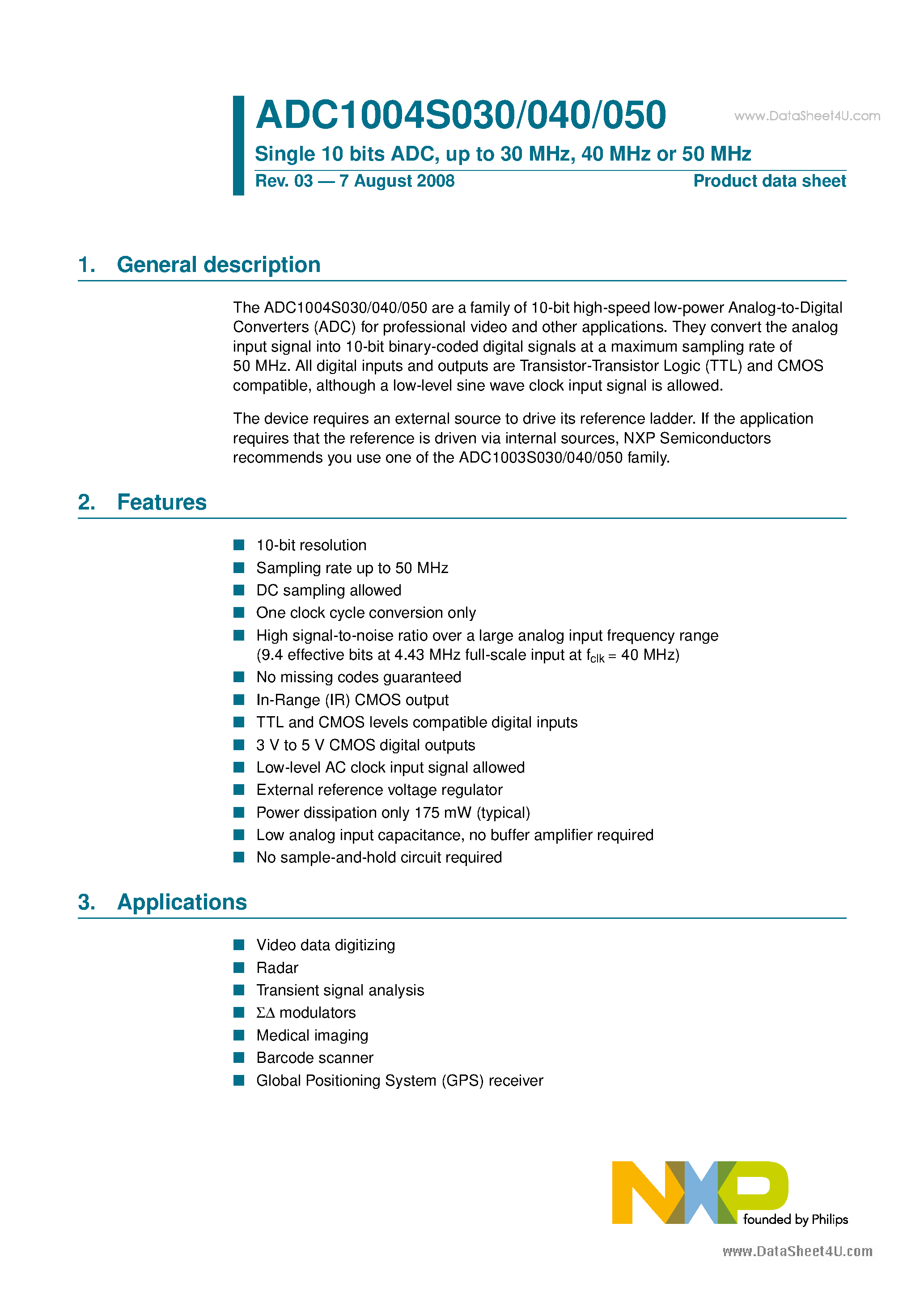 Даташит на микросхему ADC1004S030 страница 1 Даташит ADC1004S030 - (ADC1004S030 - ADC1004S050) Single 10 bits ADC страница 1