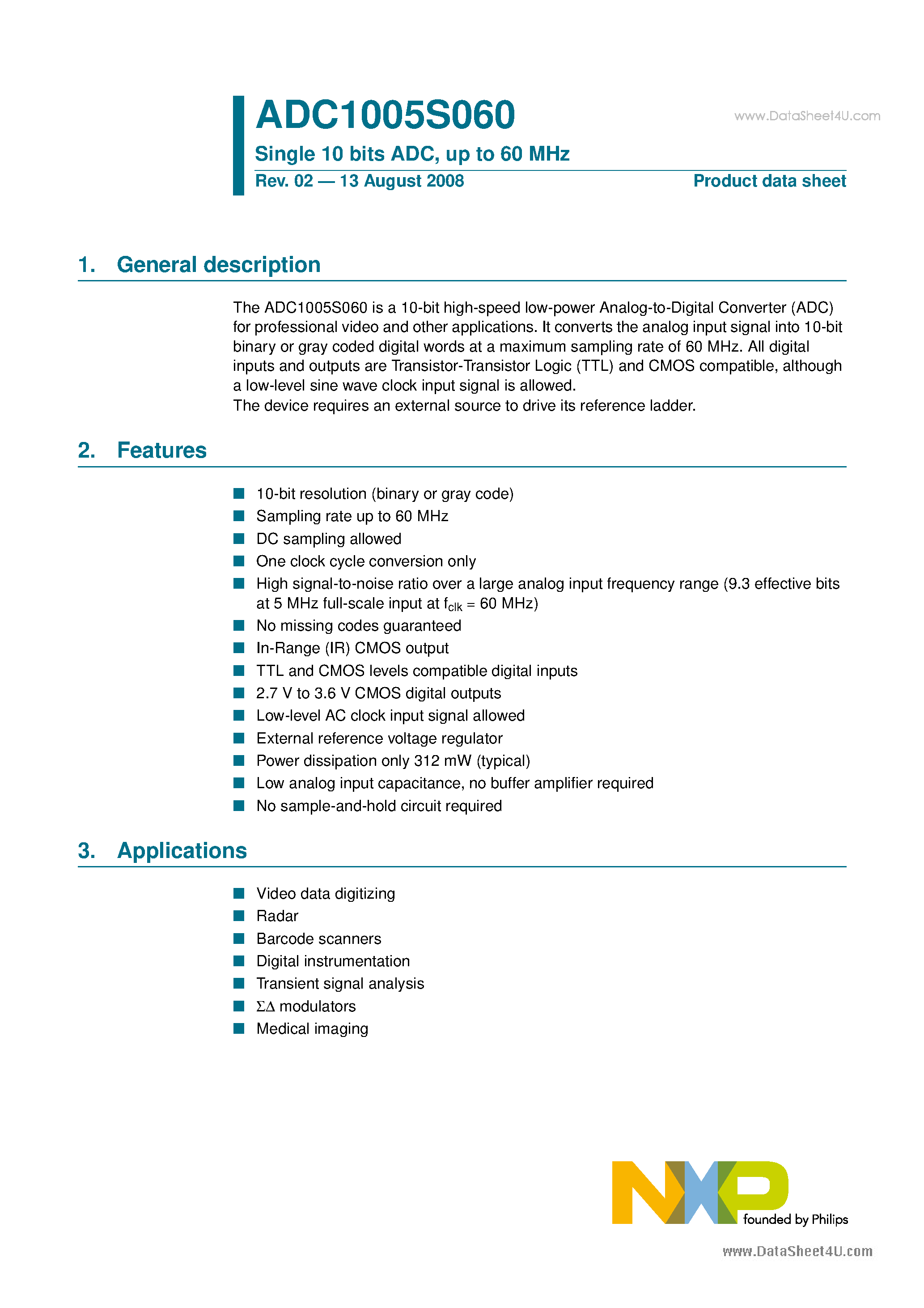Datasheet ADC1005S060 page 1 Datasheet ADC1005S060 - Single 10 bits ADC page 1