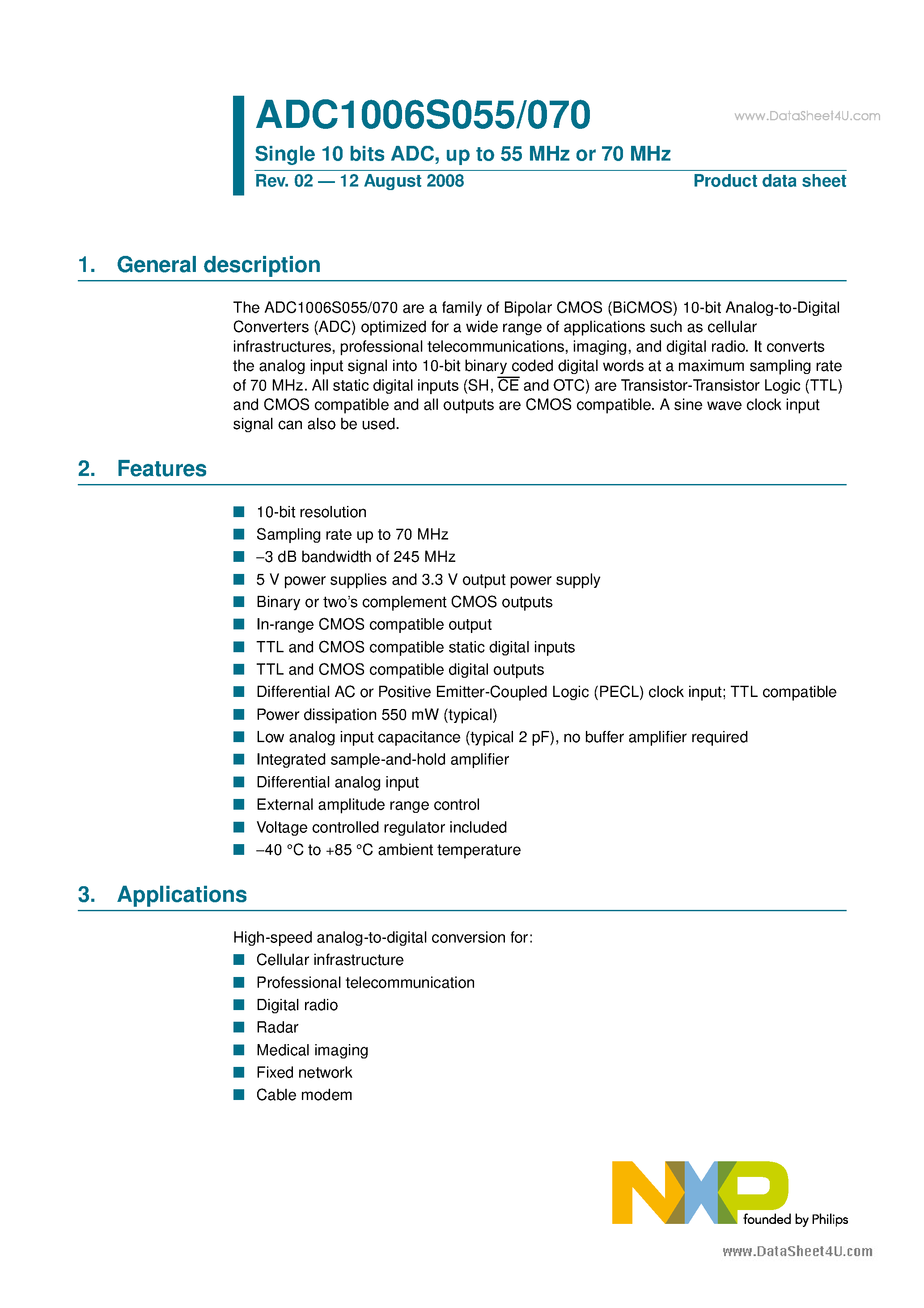 Даташит на микросхему ADC1006S055 страница 1 Даташит ADC1006S055 - (ADC1006S055 / ADC1006S070) Single 10 bits ADC страница 1