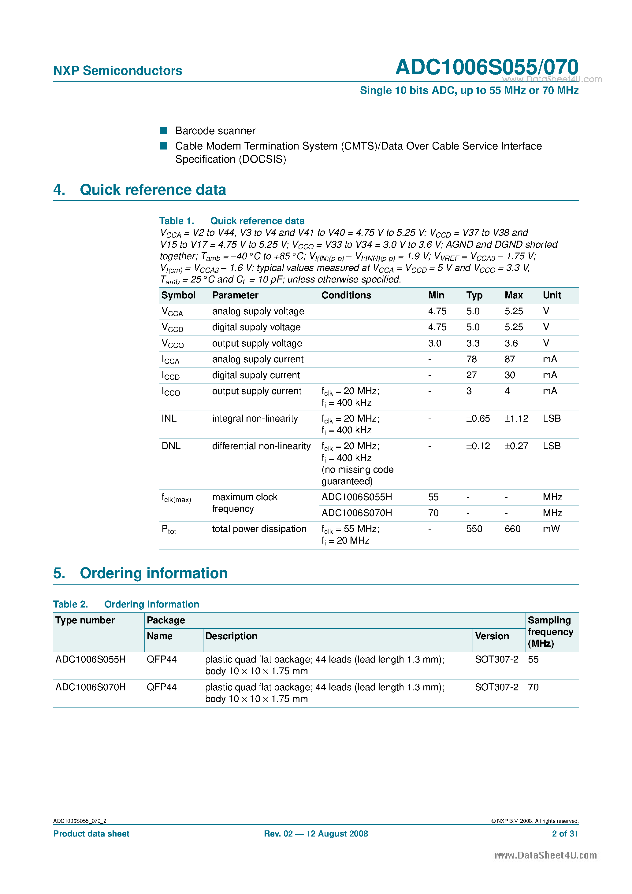 Даташит на микросхему ADC1006S055 страница 2 Даташит ADC1006S055 - (ADC1006S055 / ADC1006S070) Single 10 bits ADC страница 2