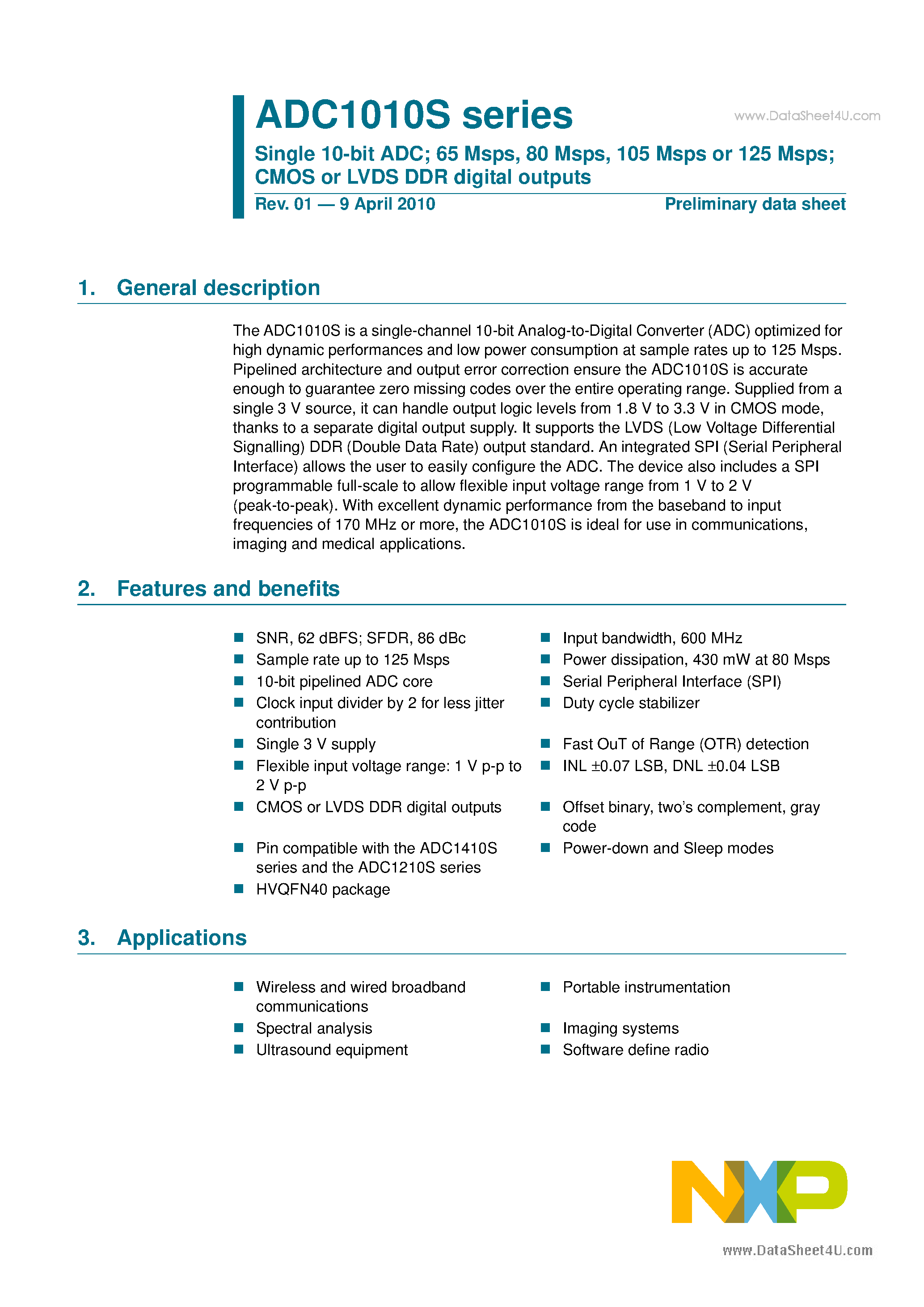 Datasheet ADC1010S page 1 Datasheet ADC1010S - Single 10-bit ADC page 1