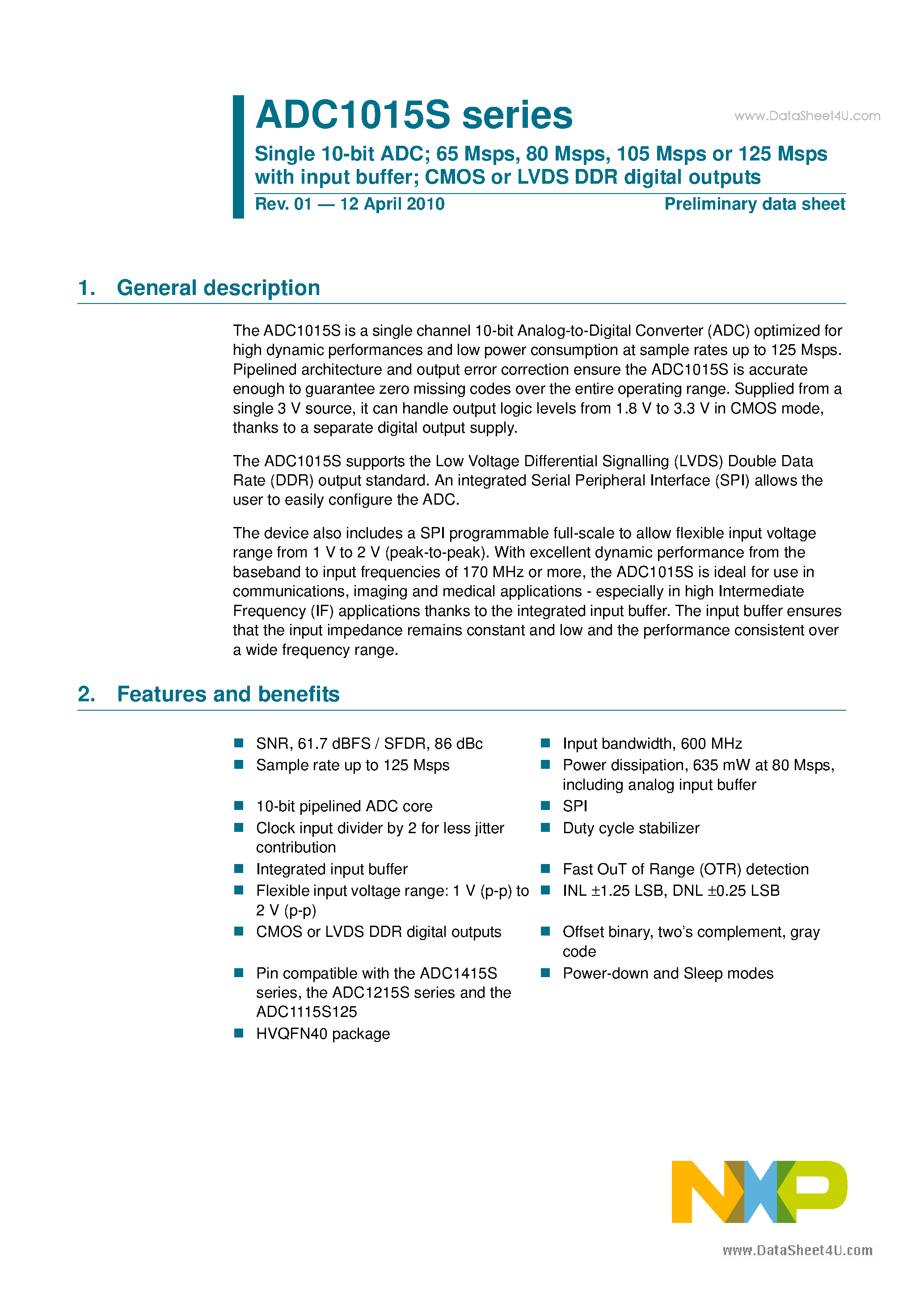 Datasheet ADC1015S - Single 10-bit ADC page 1