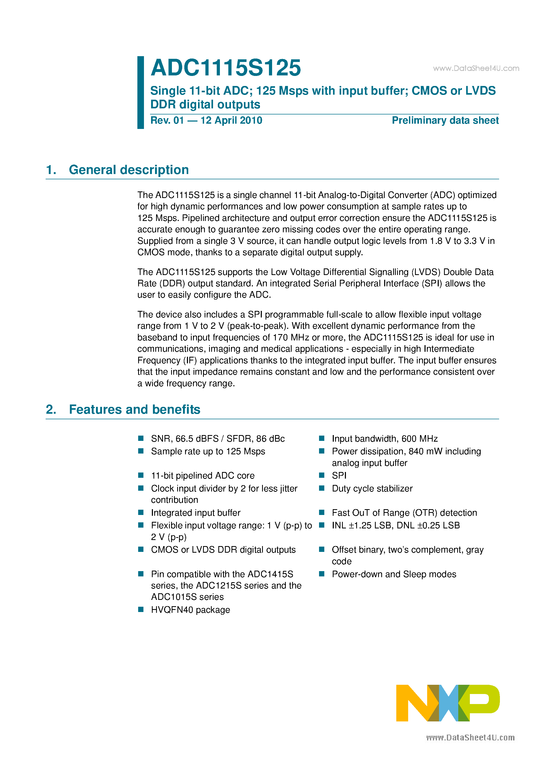 Datasheet ADC1115S125 page 1 Datasheet ADC1115S125 - Single 11-bit ADC page 1