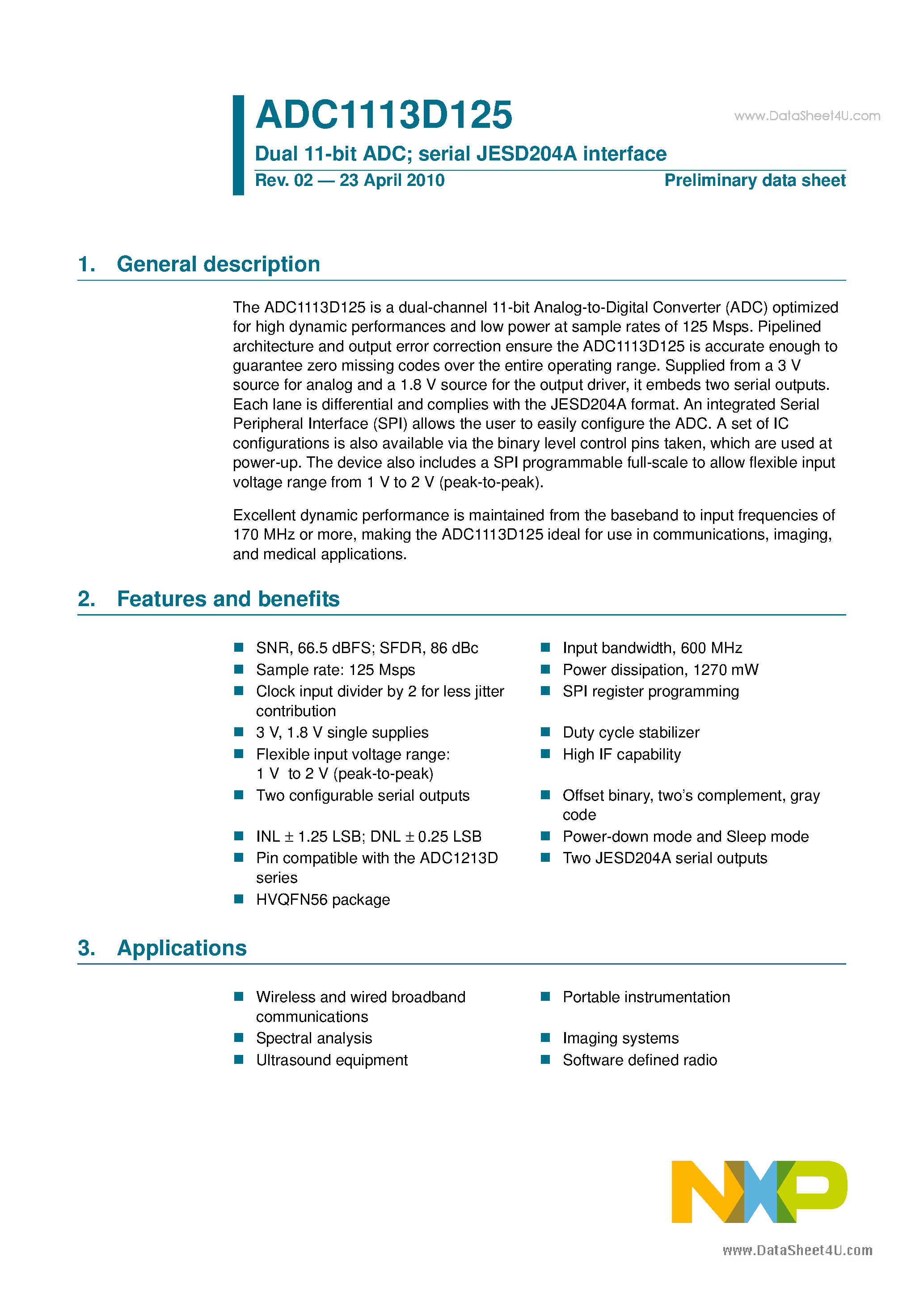 Даташит на микросхему ADC1113D125 страница 1 Даташит ADC1113D125 - Dual 11-bit ADC страница 1