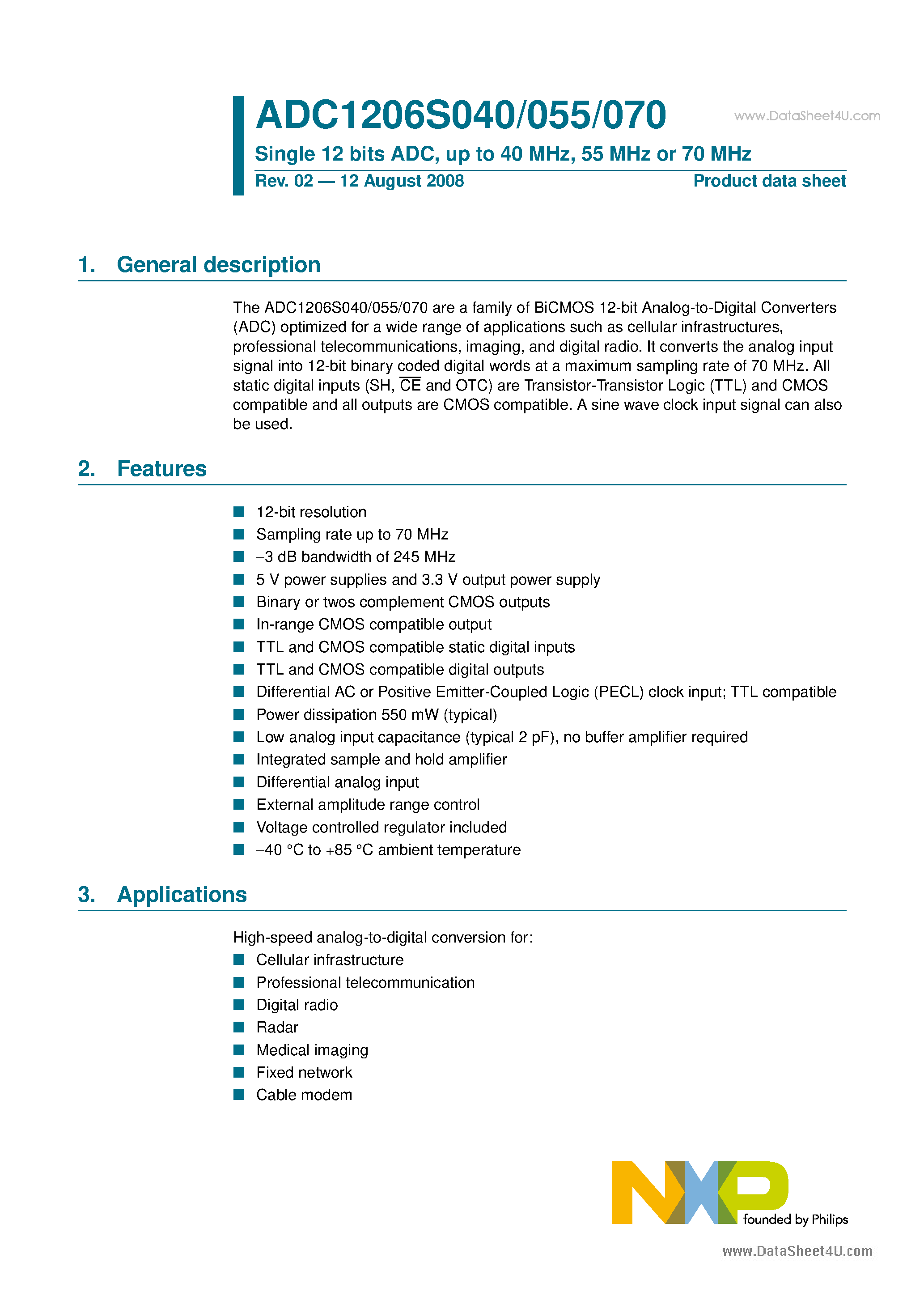 Datasheet ADC1206S040 - (ADC1206S040 - ADC1206S070) Single 12 bits ADC page 1