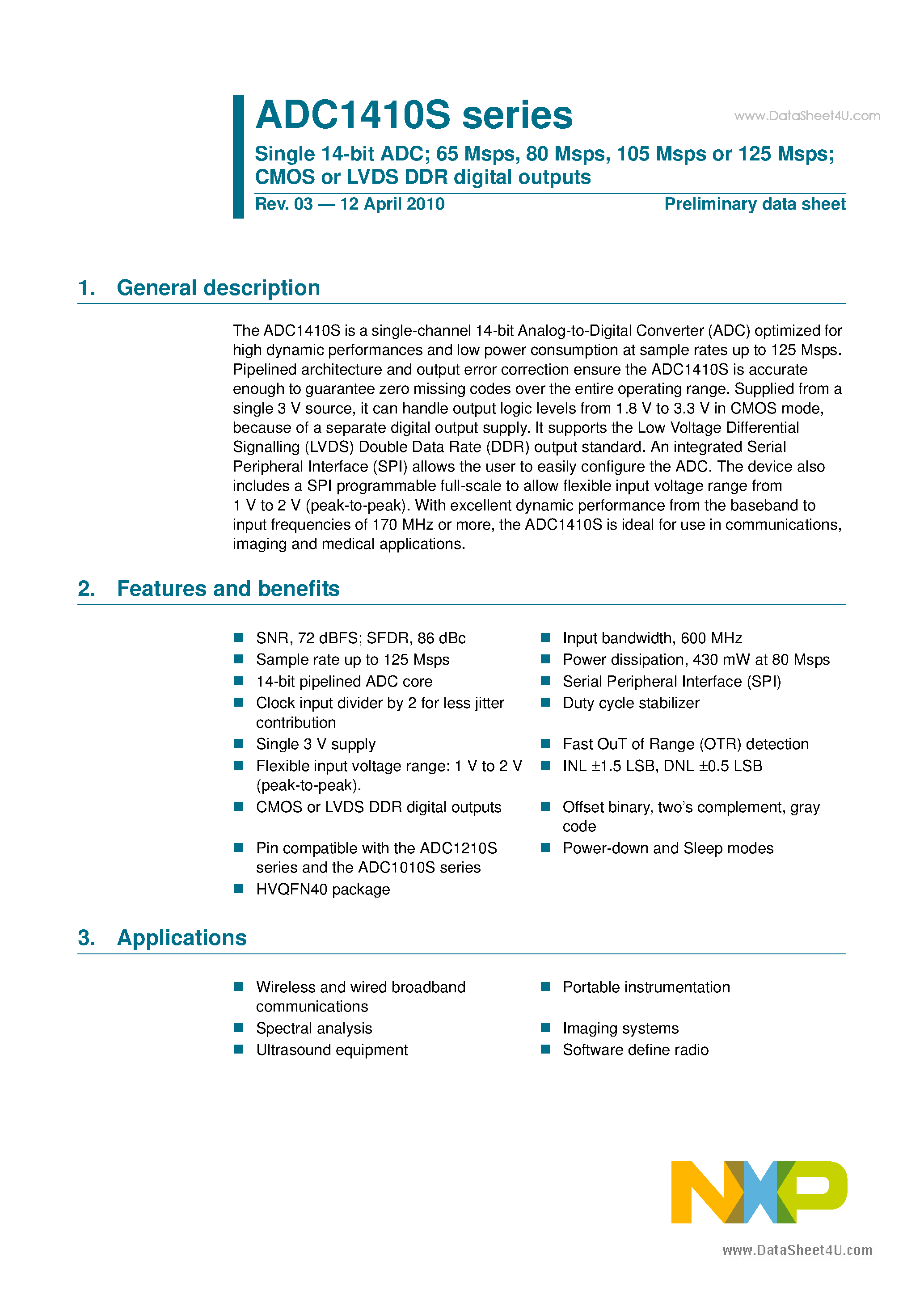 Даташит на микросхему ADC1410S страница 1 Даташит ADC1410S - Single 14-bit ADC страница 1