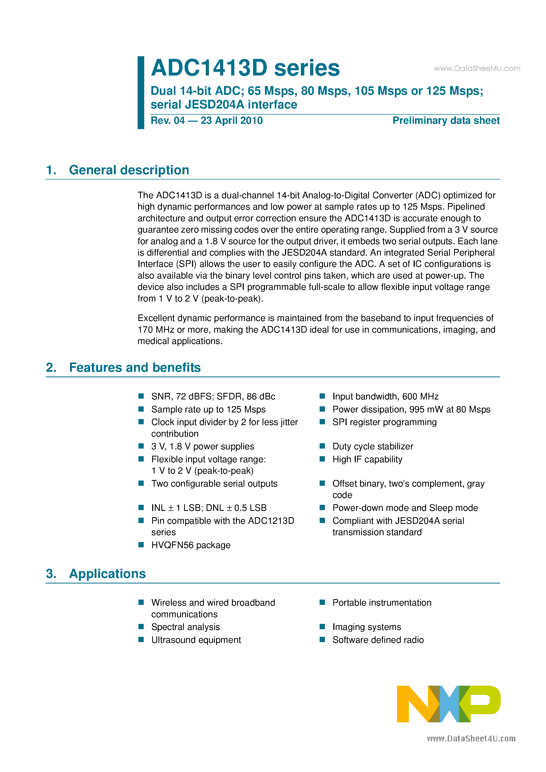 Даташит на микросхему ADC1413D страница 1 Даташит ADC1413D - Dual 14-bit ADC страница 1