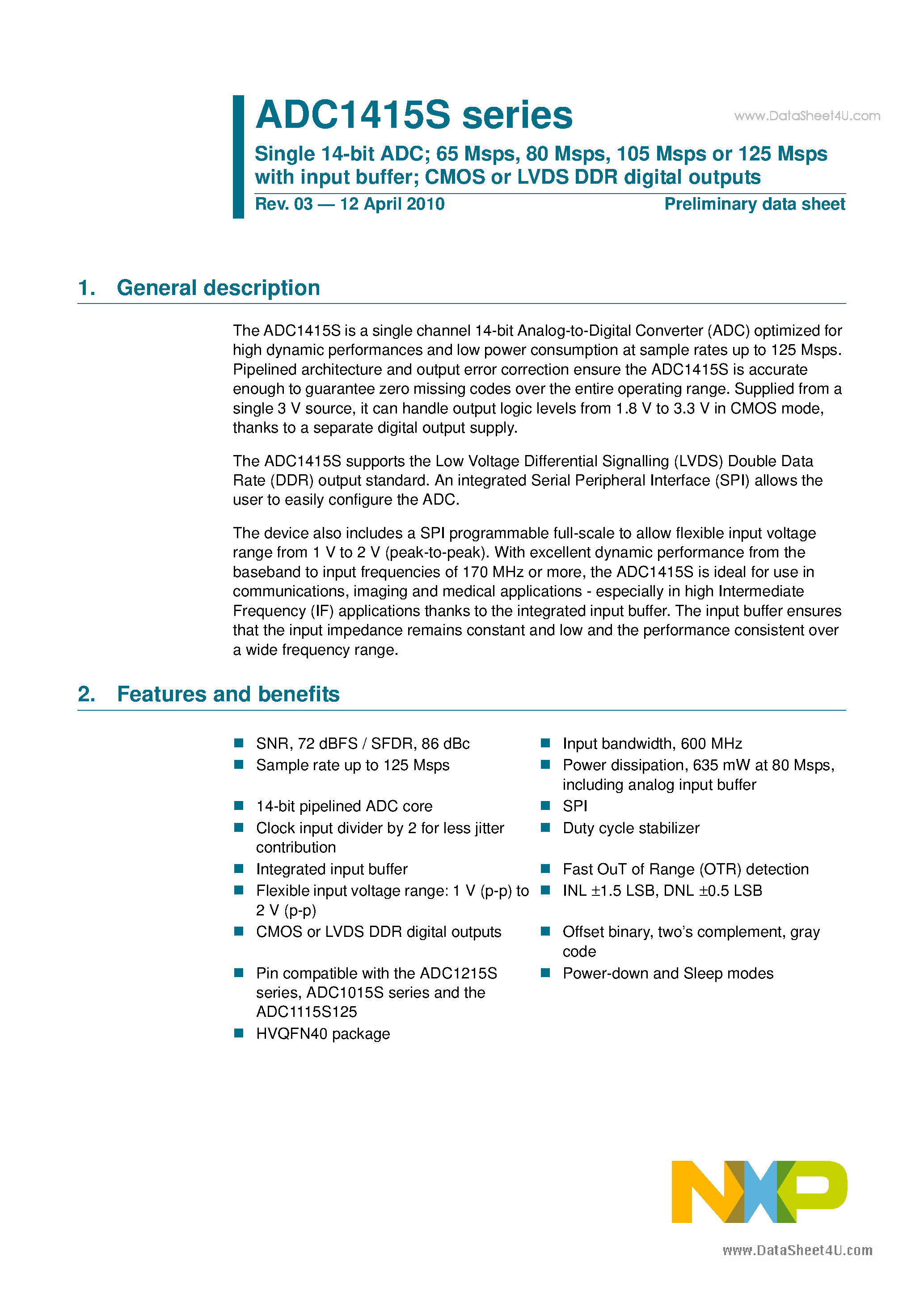 Даташит на микросхему ADC1415S страница 1 Даташит ADC1415S - Single 14-bit ADC страница 1