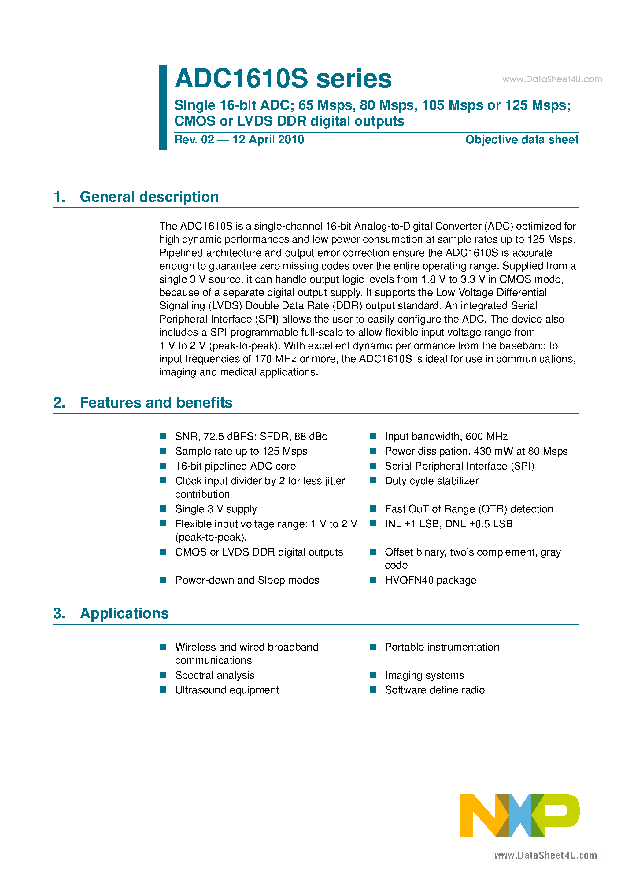Даташит на микросхему ADC1610S страница 1 Даташит ADC1610S - Single 16-bit ADC страница 1