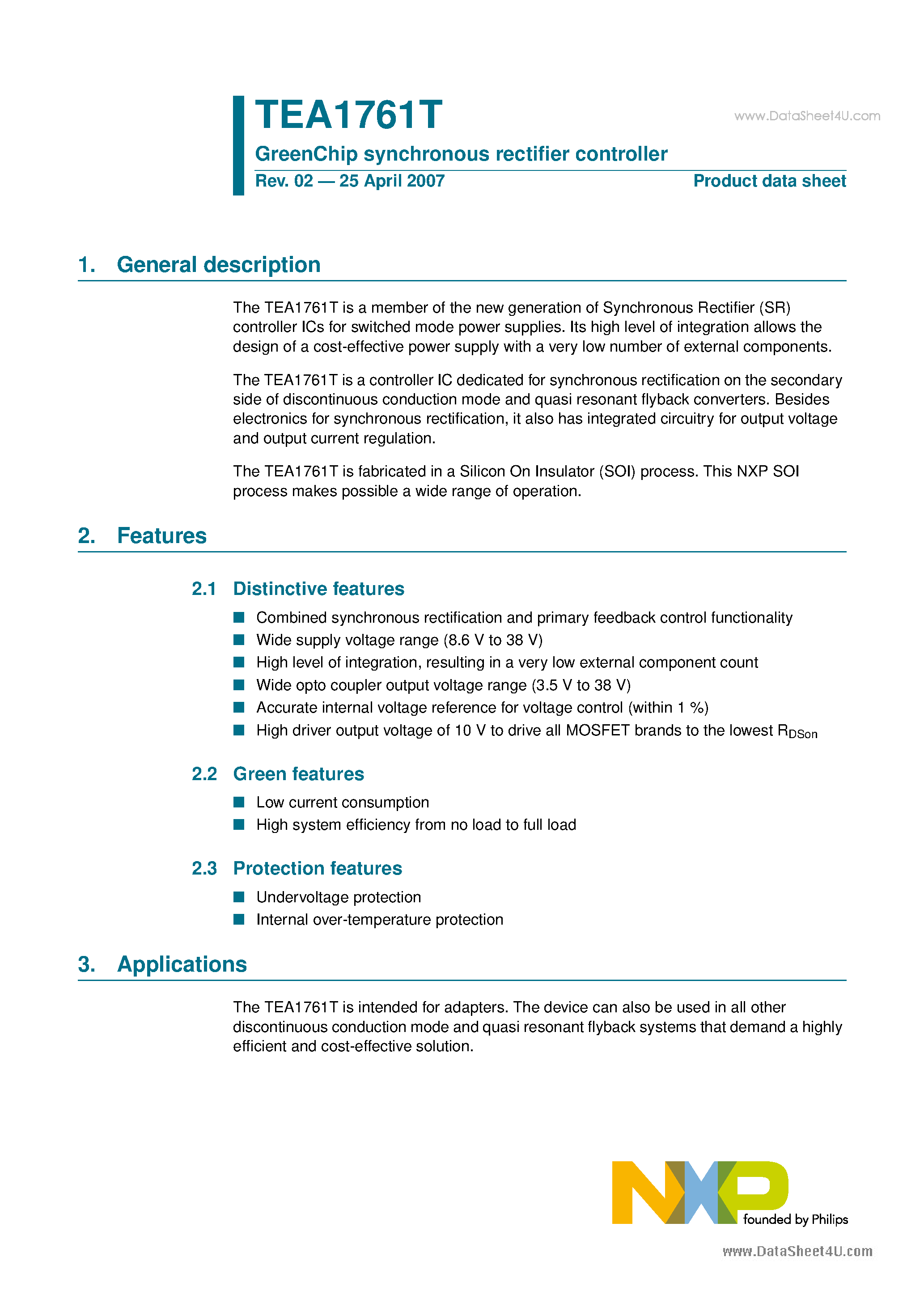 Даташит TEA1761T - GreenChip synchronous rectifier controller страница 1