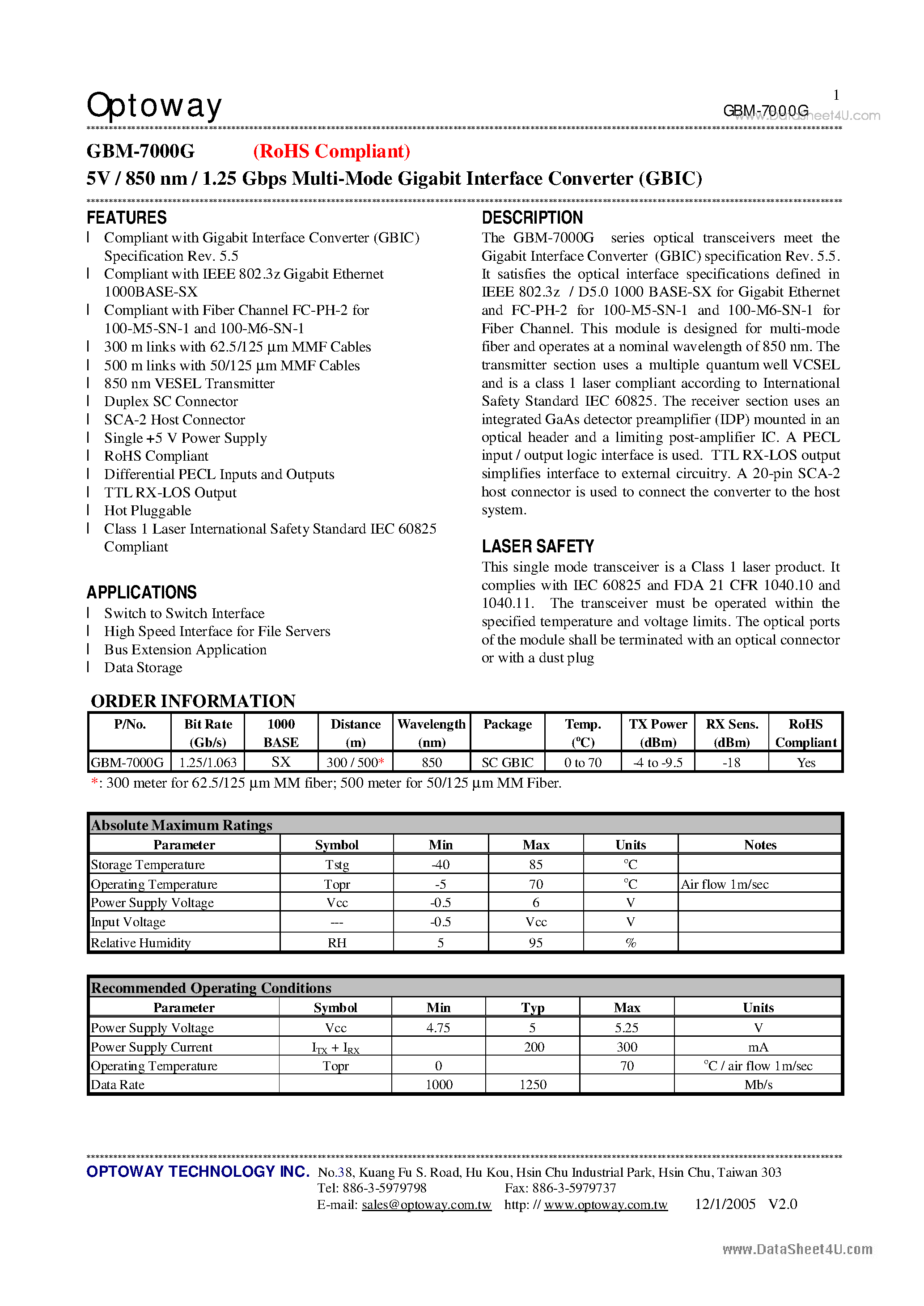 Даташит на микросхему GBM-7000G страница 1 Даташит GBM-7000G - 5V / 850 nm / 1.25 Gbps Multi-Mode Gigabit Interface Converter страница 1