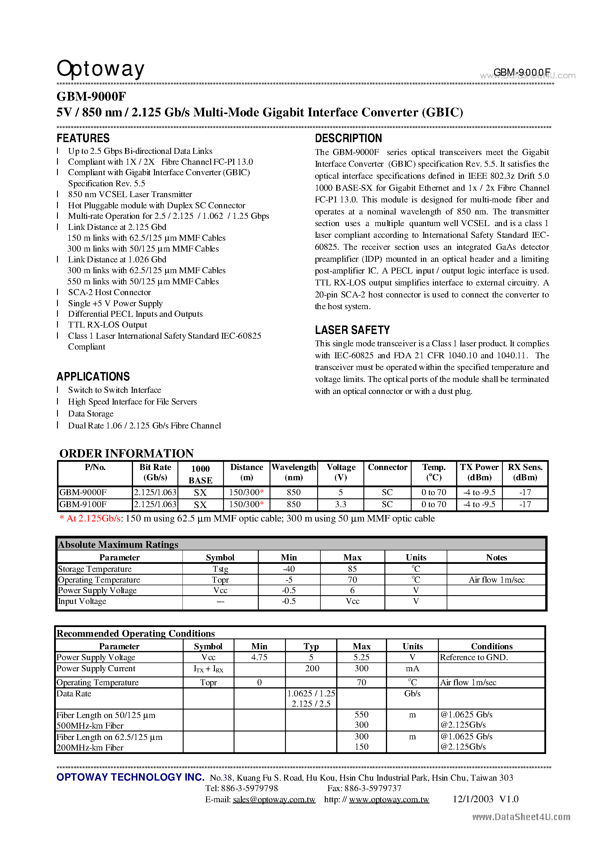 Datasheet GBM-9000F - 5V / 850 nm / 2.125 Gb/s Multi-Mode Gigabit Interface Converter page 1