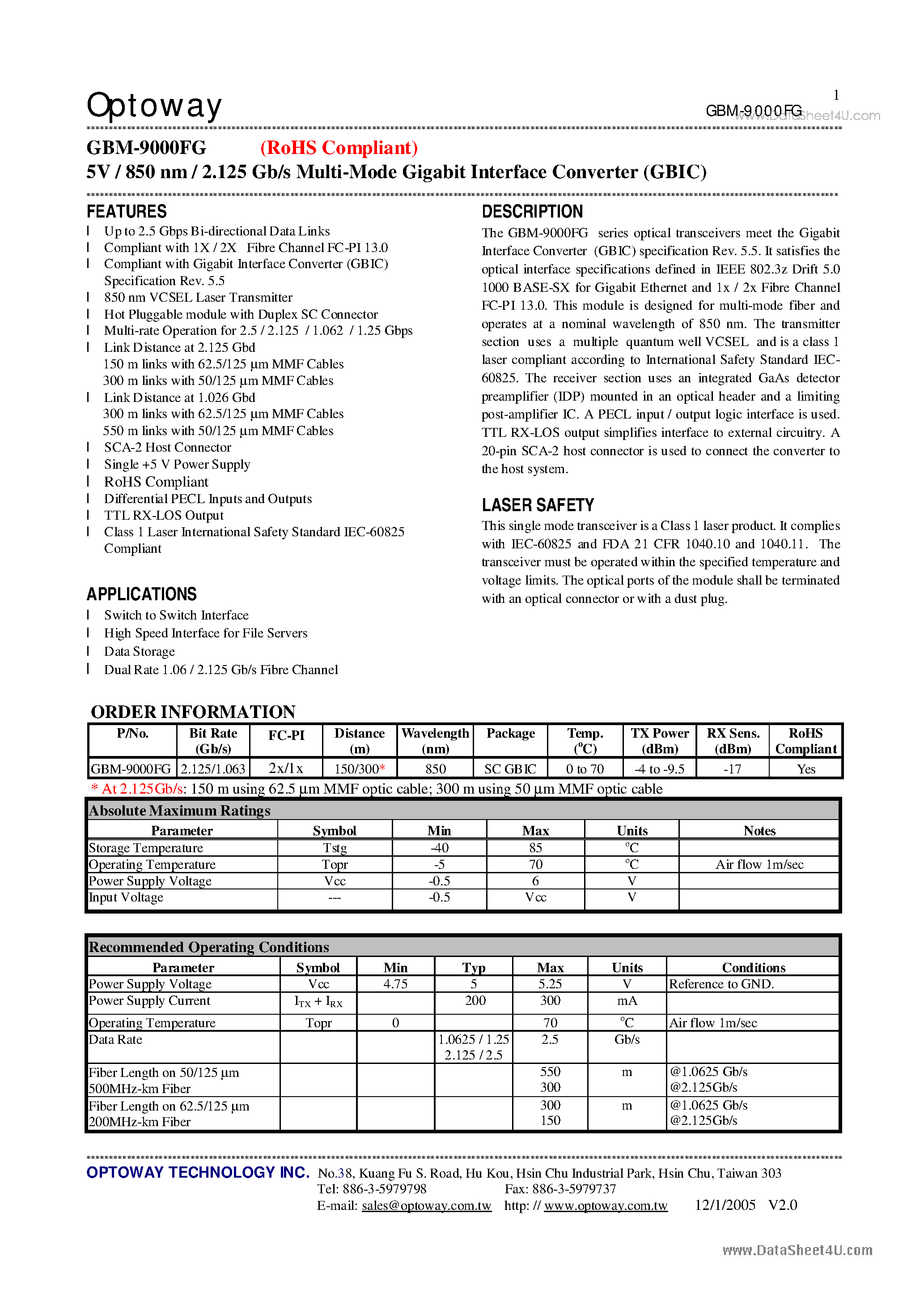 Datasheet GBM-9000FG page 1 Datasheet GBM-9000FG - 5V / 850 nm / 2.125 Gb/s Multi-Mode Gigabit Interface Converter page 1