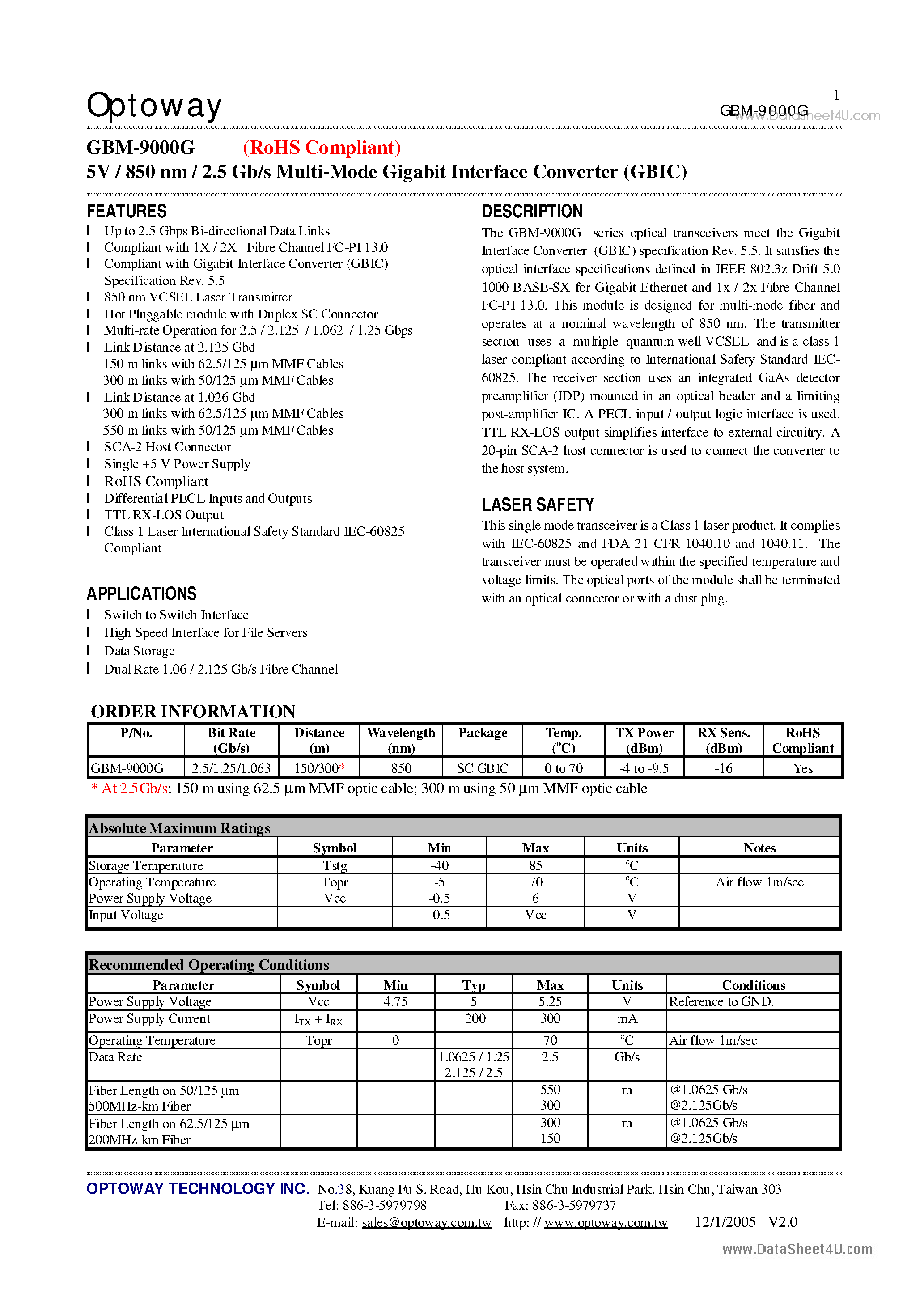 Datasheet GBM-9000G - 5V / 850 nm / 2.5 Gb/s Multi-Mode Gigabit Interface Converter page 1