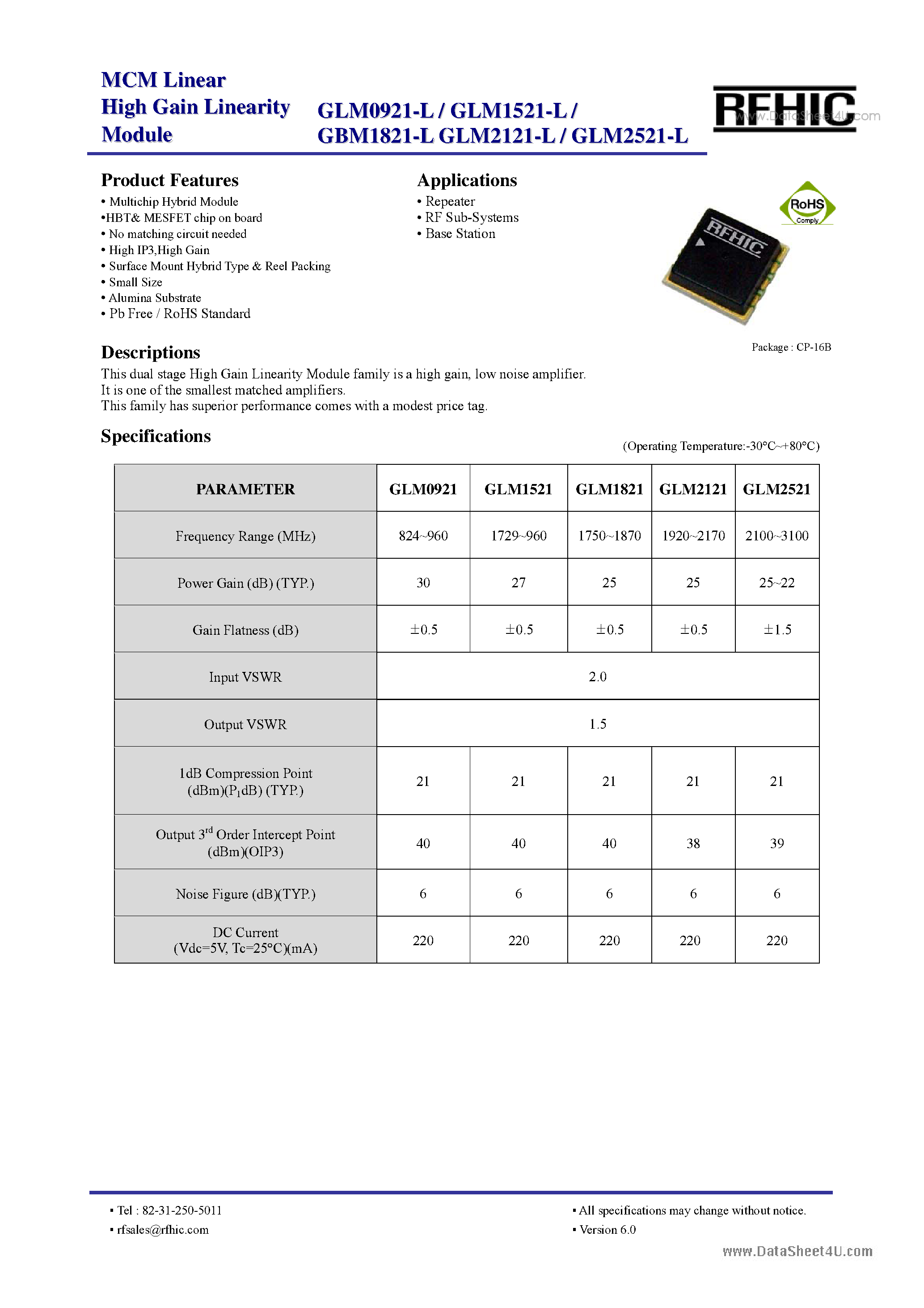Datasheet GBM1821-L page 1 Datasheet GBM1821-L - MCM Linear High Gain Linearity Module page 1