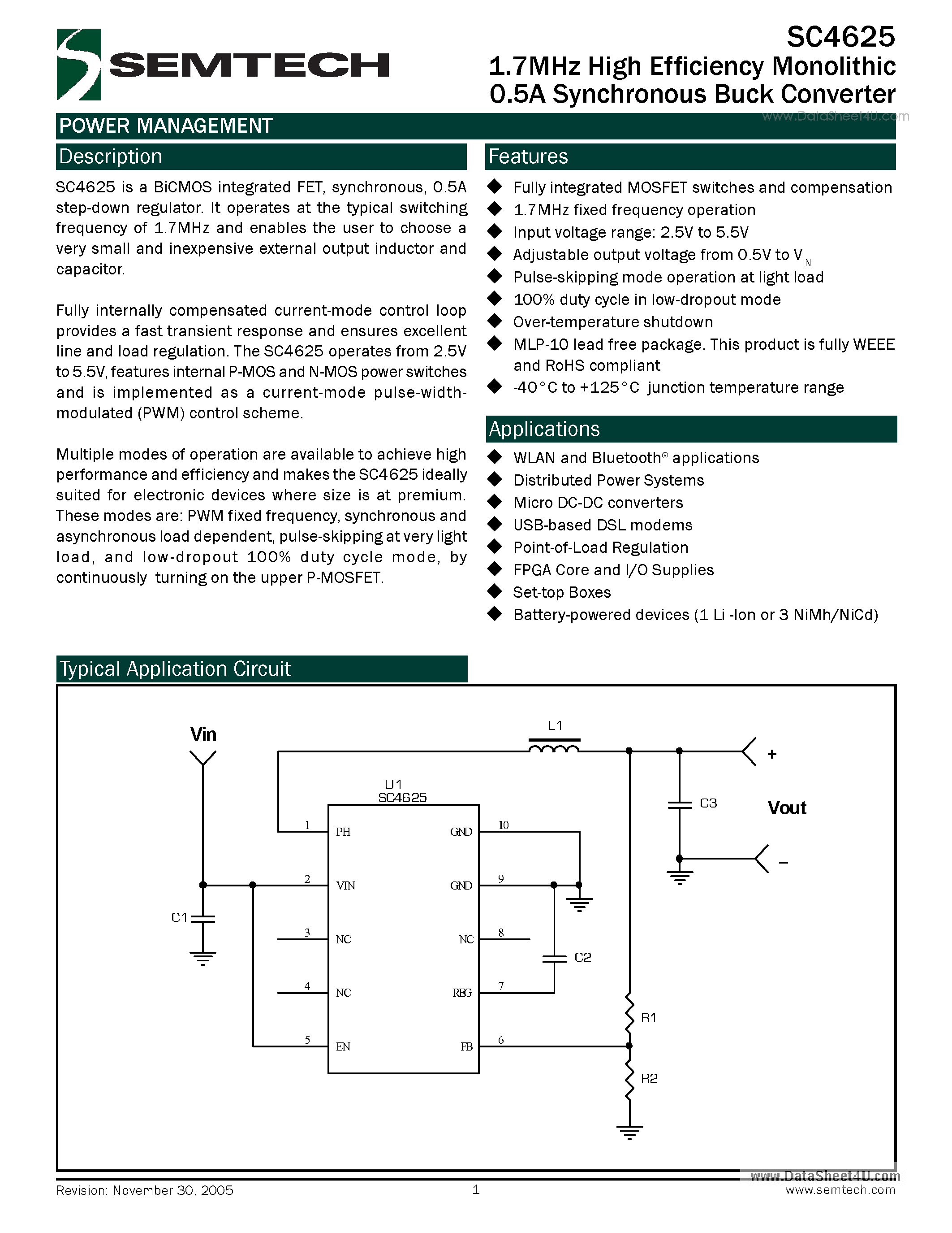 Datasheet SC4625 page 1 Datasheet SC4625 - 1.7MHz High Efficiency Monolithic 0.5A Synchronous Buck Converter page 1
