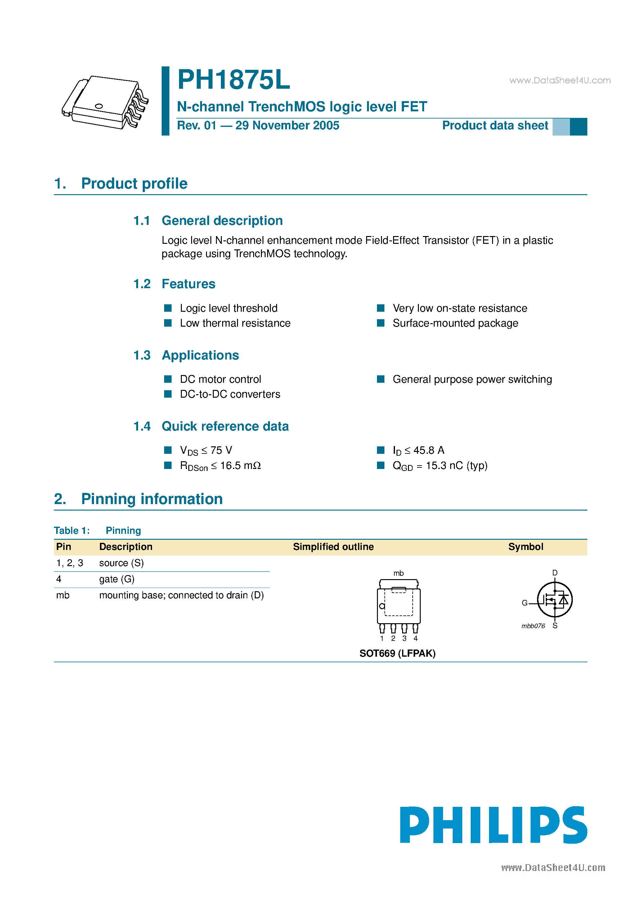 Datasheet PH1875L - N-channel TrenchMOS logic level FET page 1