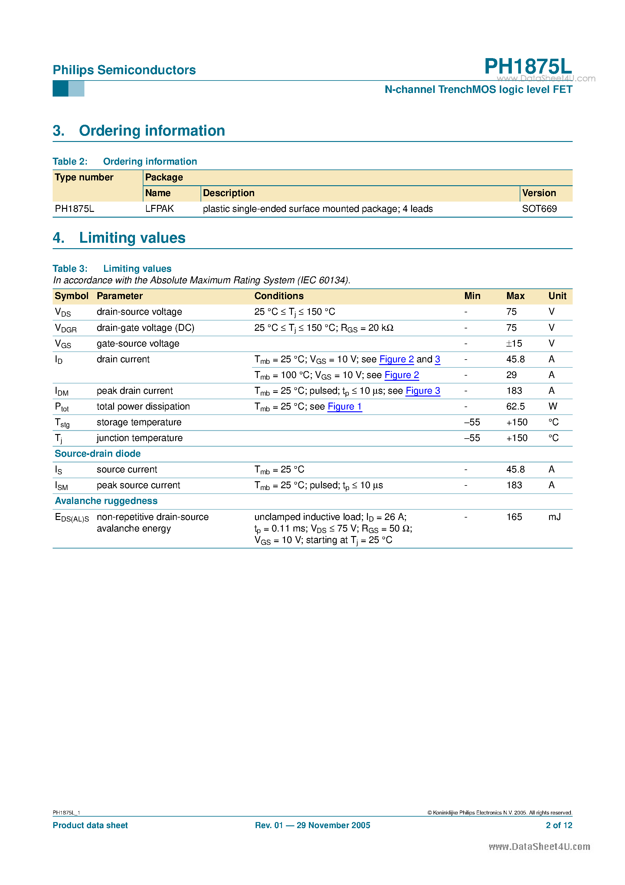 Datasheet PH1875L - N-channel TrenchMOS logic level FET page 2