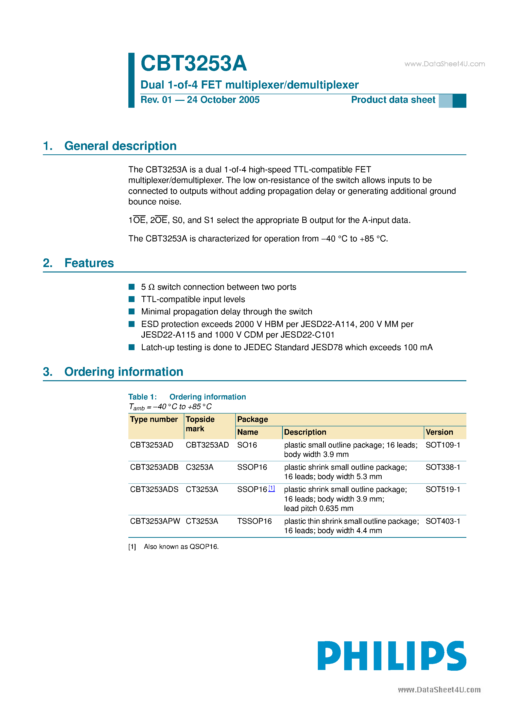 Datasheet CBT3253A - Dual 1-of-4 FET multiplexer/demultiplexer page 1