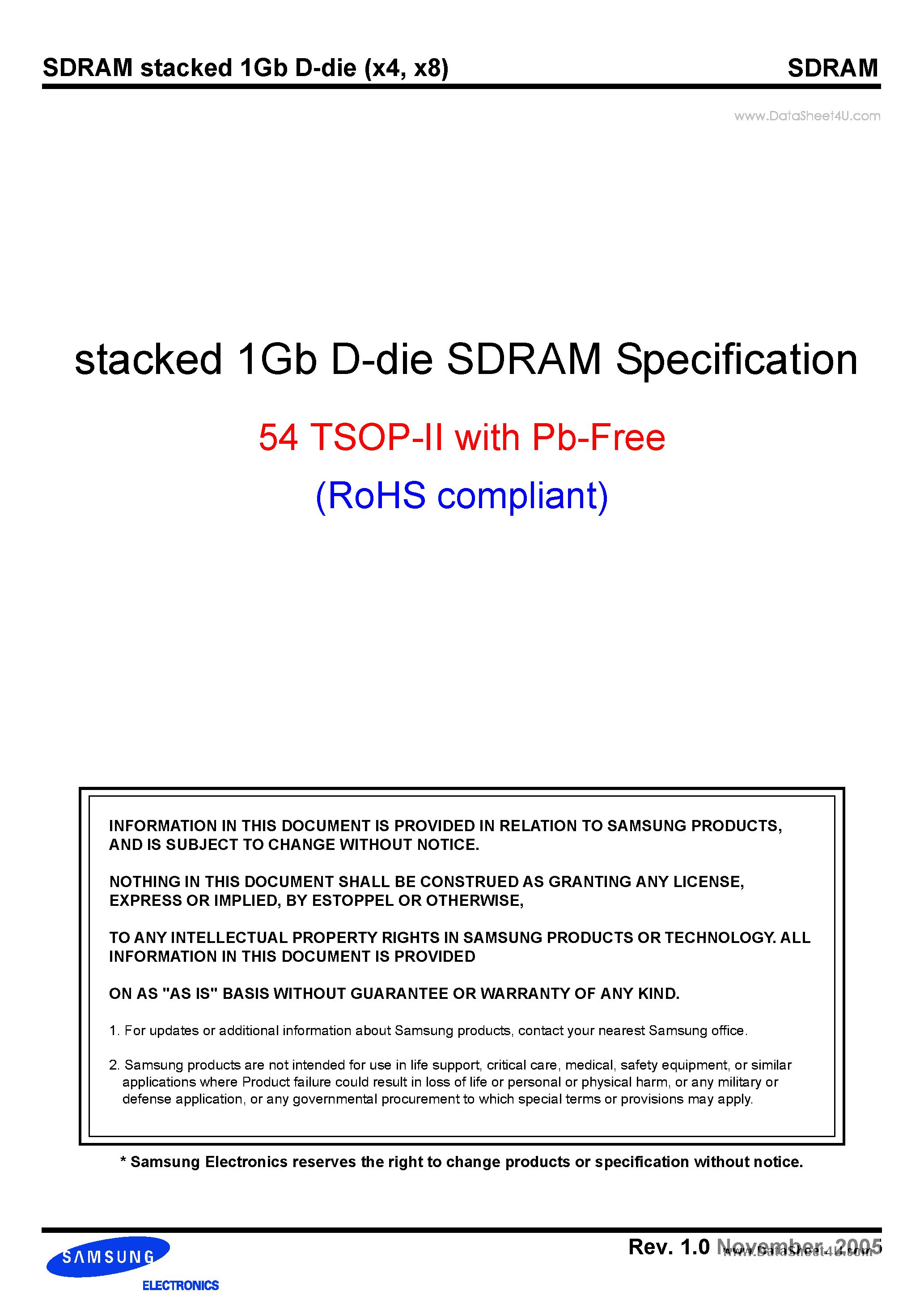 Даташит K4S1G0632D - SDRAM stacked 1Gb D-die страница 1