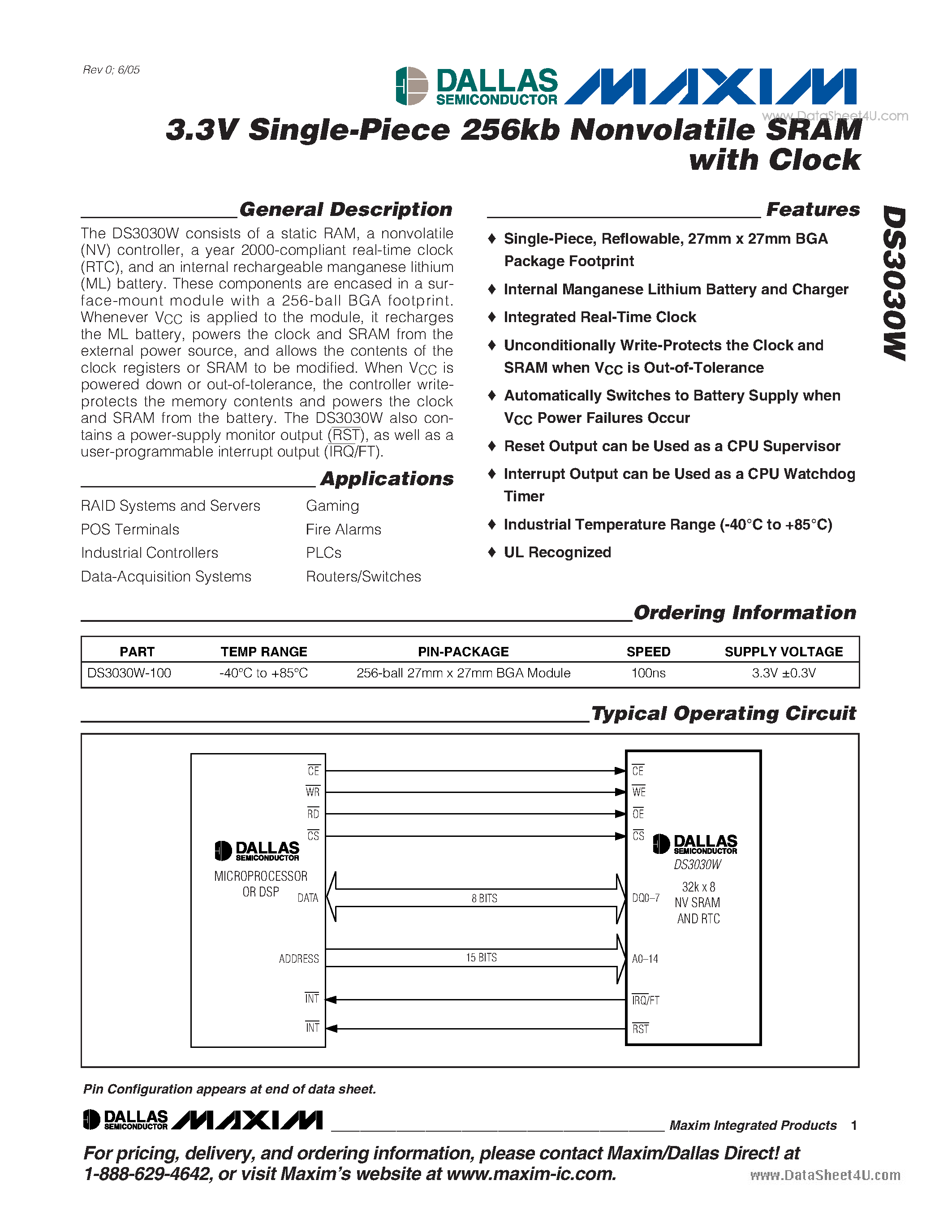 Datasheet DS3030W - 3.3V Single-Piece 256kb Nonvolatile SRAM page 1