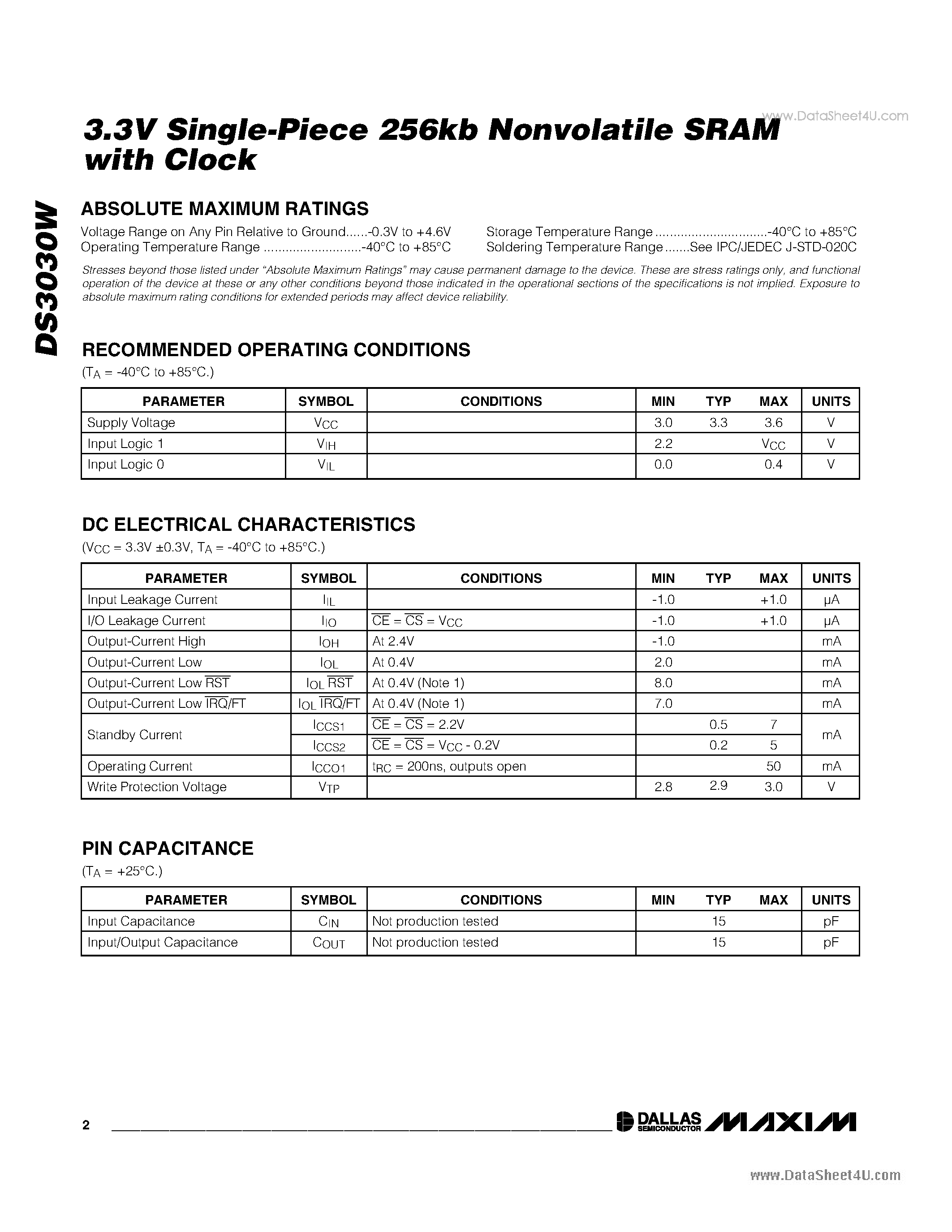 Datasheet DS3030W - 3.3V Single-Piece 256kb Nonvolatile SRAM page 2