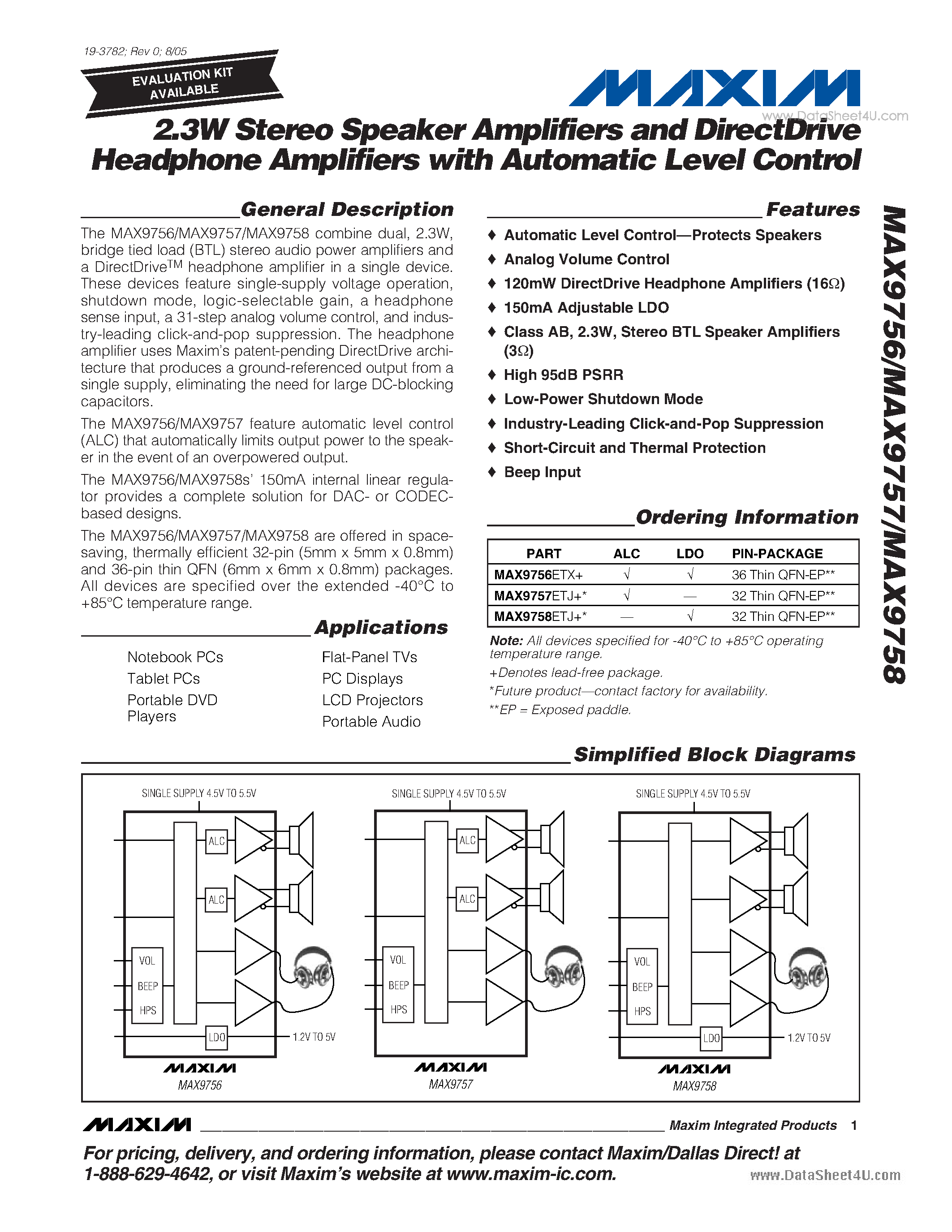 Даташит MAX9756 - 2.3W Stereo Speaker Amplifiers and DirectDrive Headphone Amplifiers страница 1