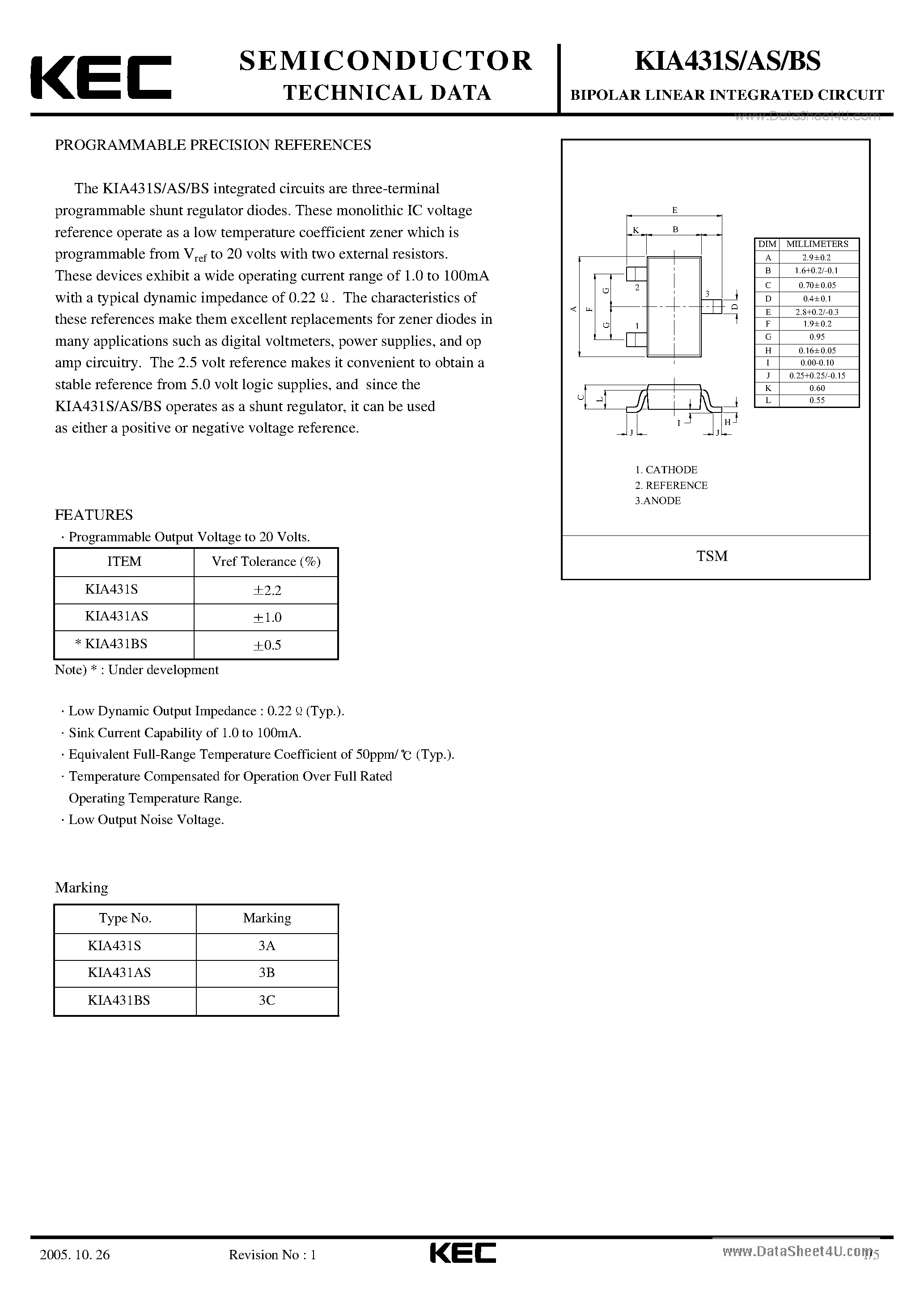 Datasheet KIA431AS - PROGRAMMABLE PRECISION REFERENCES page 1